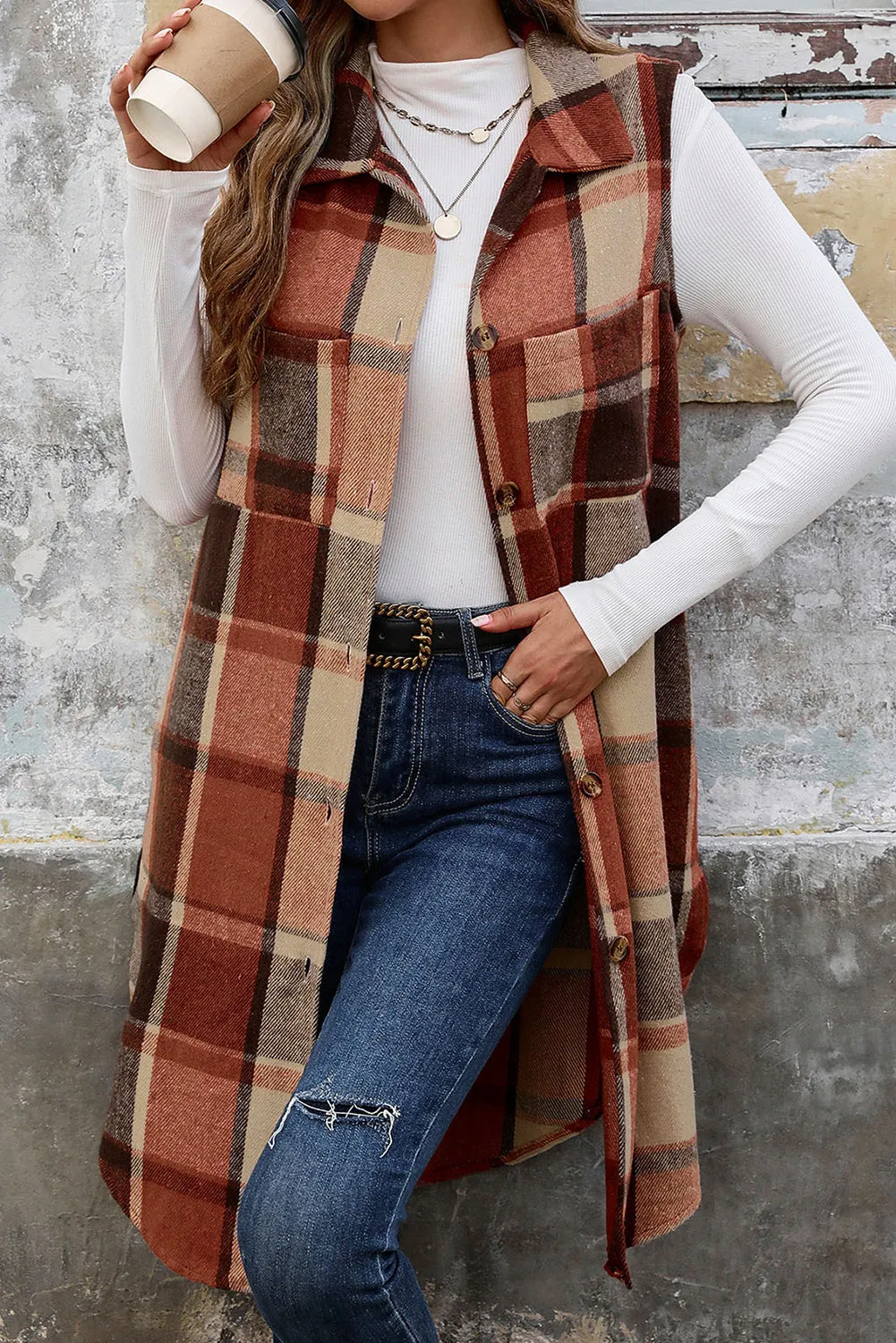 💀💎 Cinnamon Mid Length Sleeveless Plaid Vest Jacket – The Ultimate Layer of Sass 💋