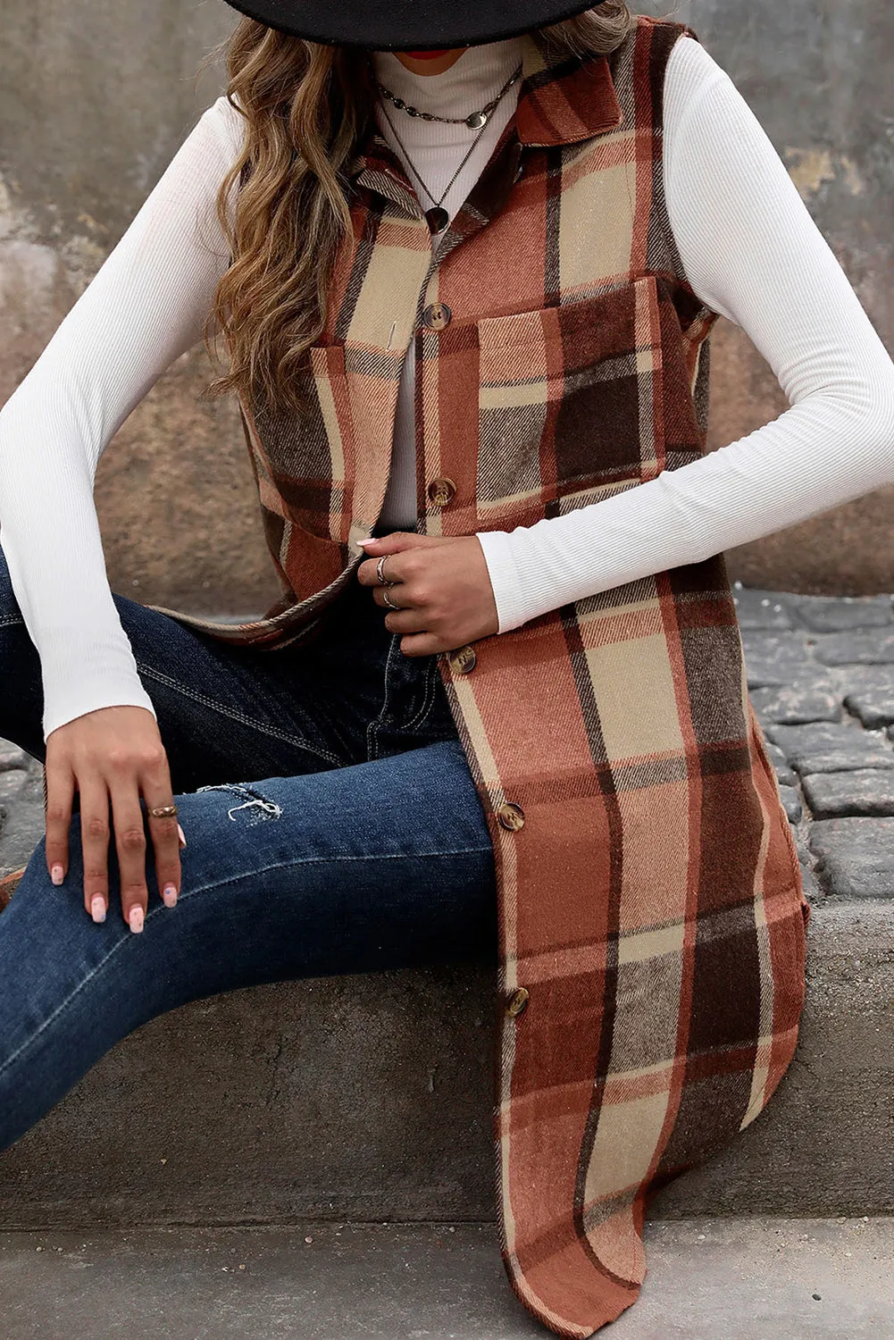 💀💎 Cinnamon Mid Length Sleeveless Plaid Vest Jacket – The Ultimate Layer of Sass 💋