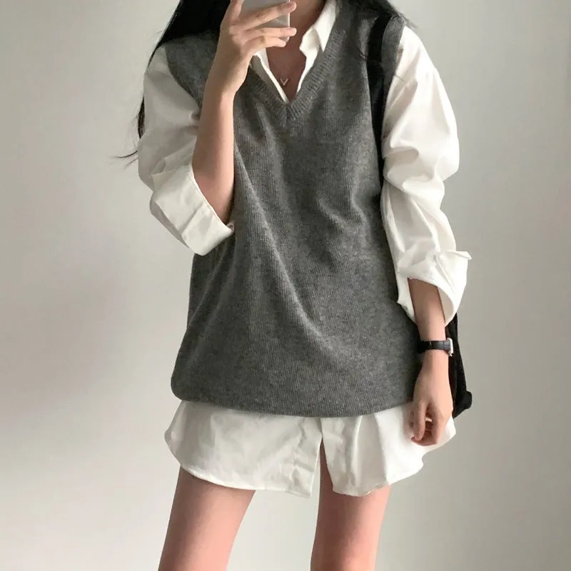 Amozae 2024 fall fashion trends Chic Simple V-neck Versatile Slimming Mid-Length Loose Pullover Stacked Knitted Vest for Women