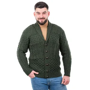 Aran Merino Wool Cardigan Sweater: Green