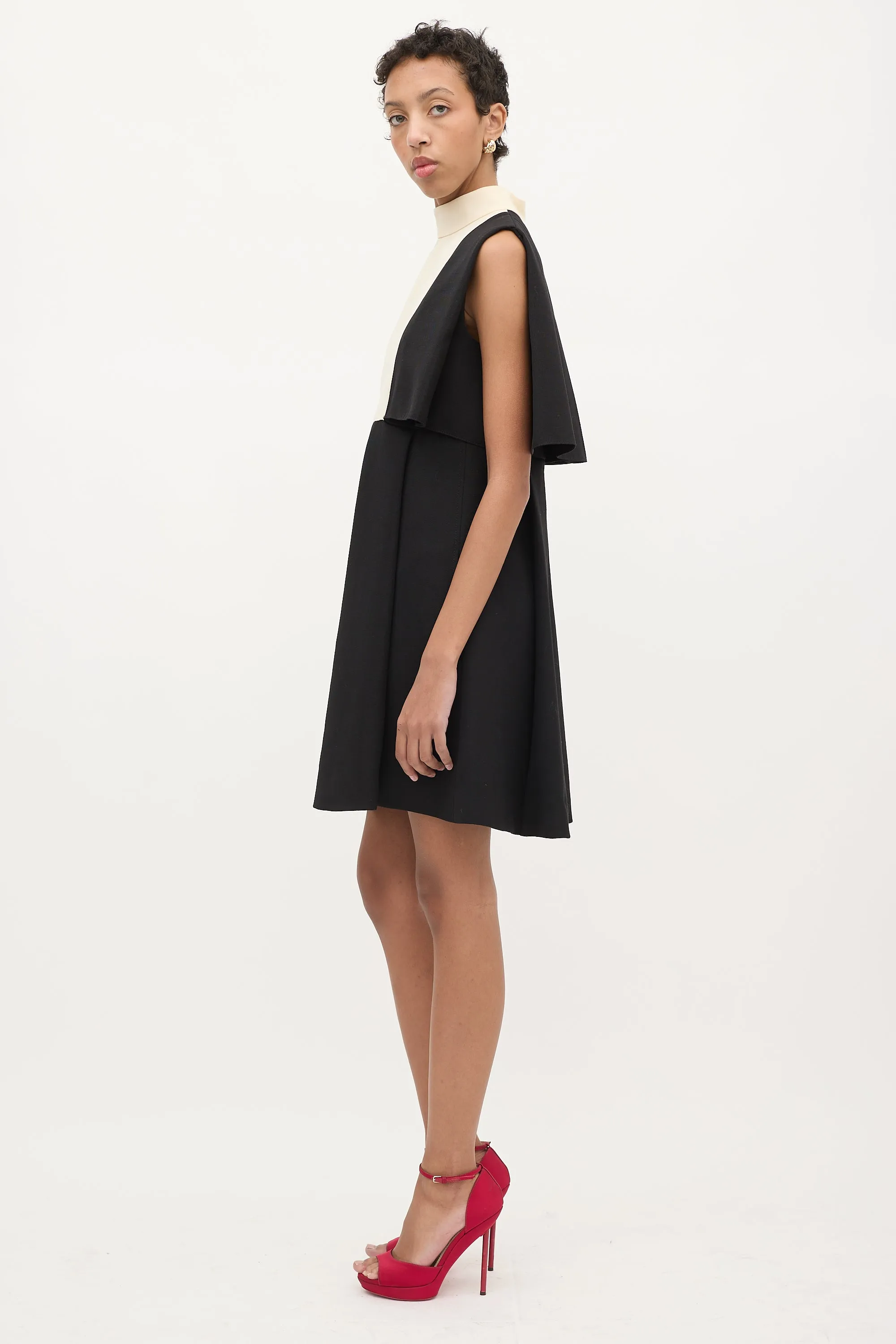 Black & Cream Wool Cape Overlay Dress