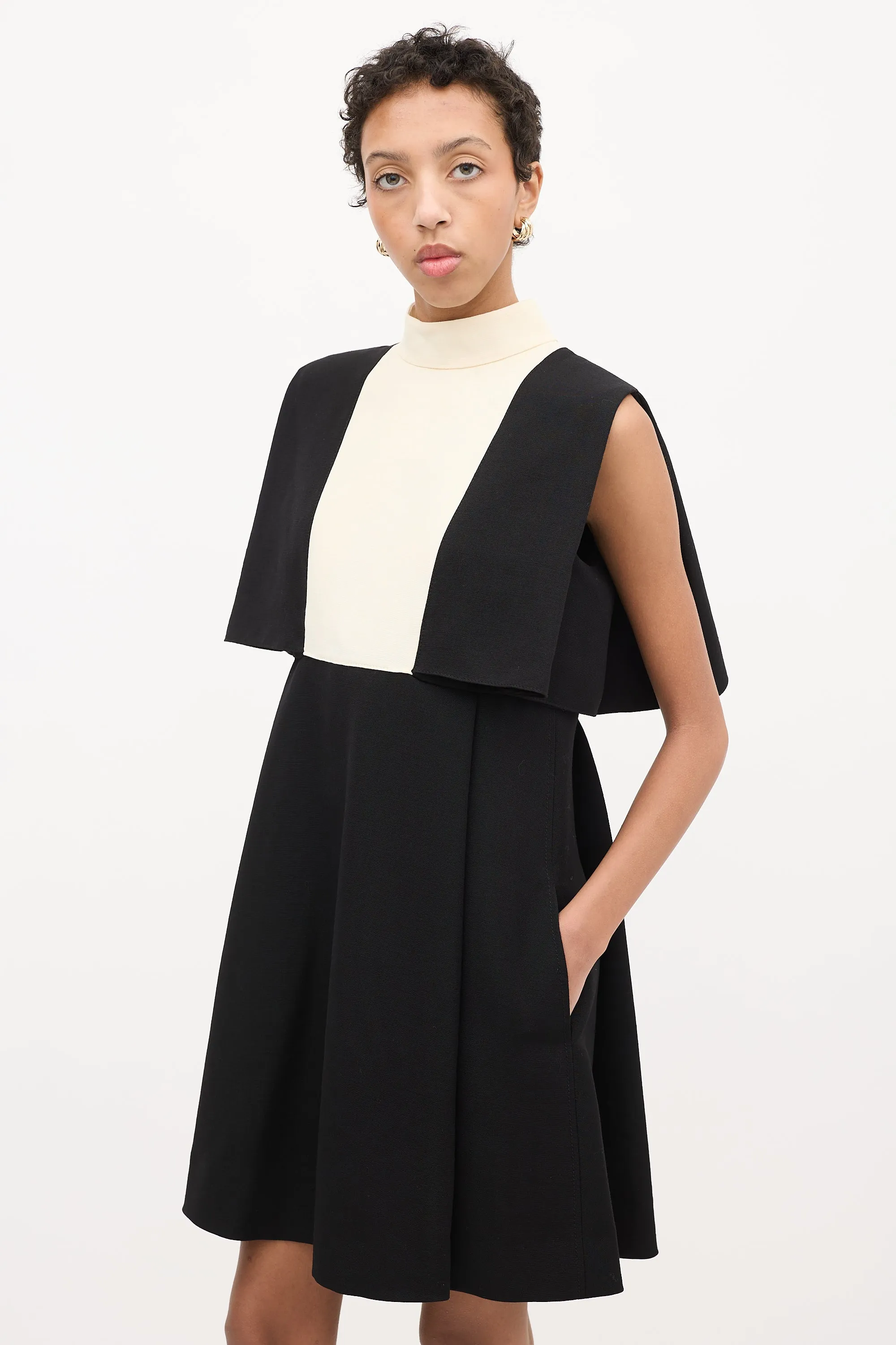 Black & Cream Wool Cape Overlay Dress