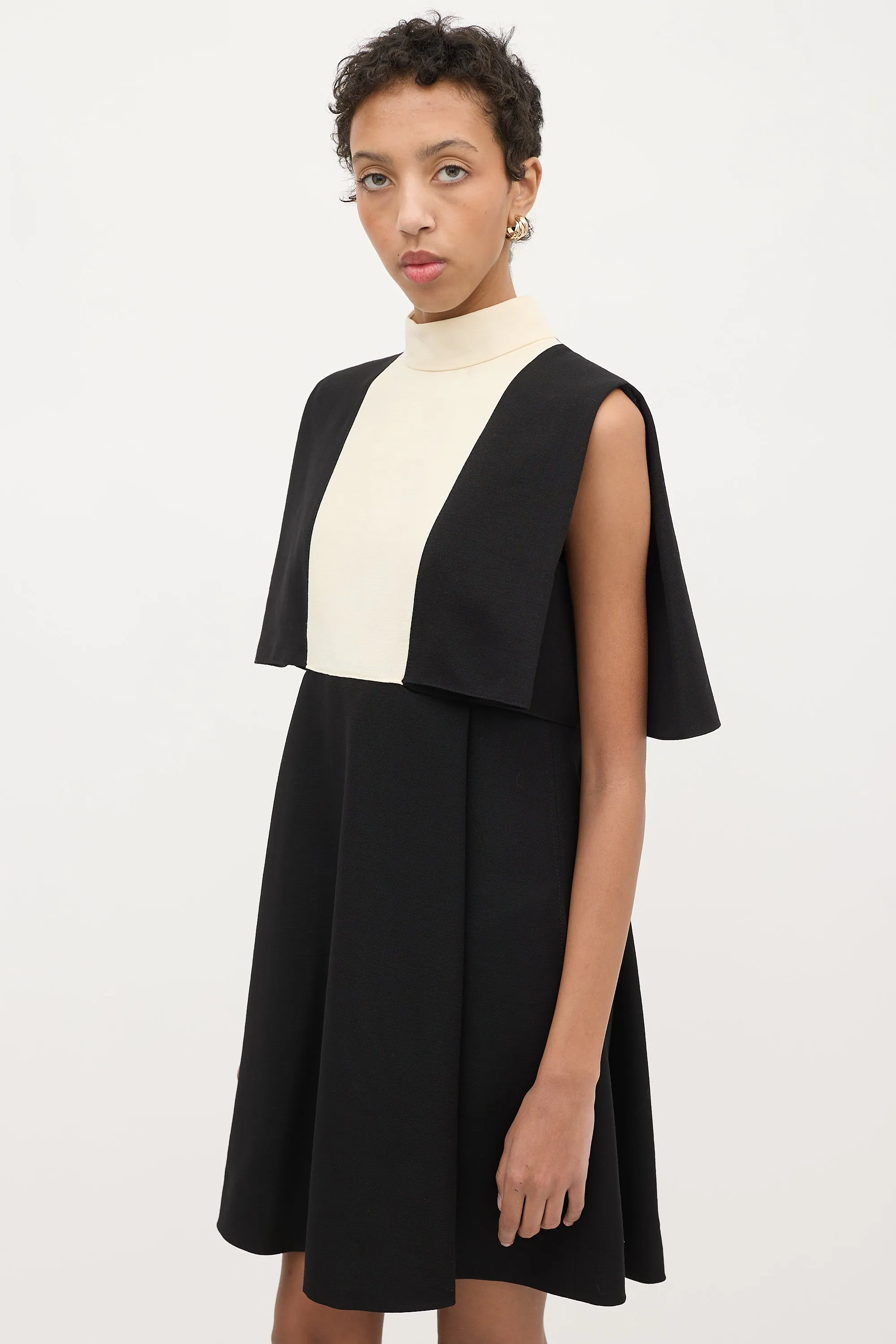 Black & Cream Wool Cape Overlay Dress