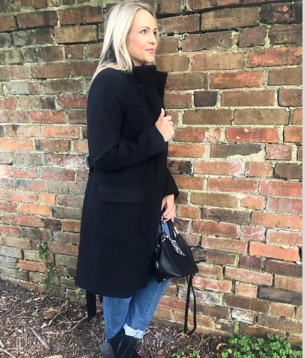 Black Belted Funnel Neck Coat