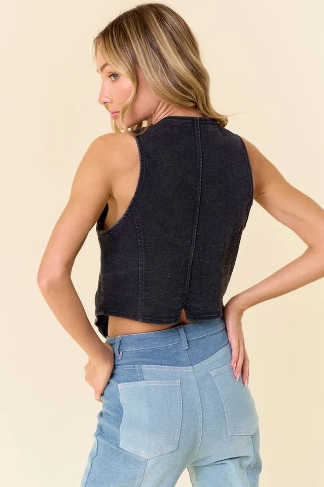 Black Button-Down Light Weight Denim Vest