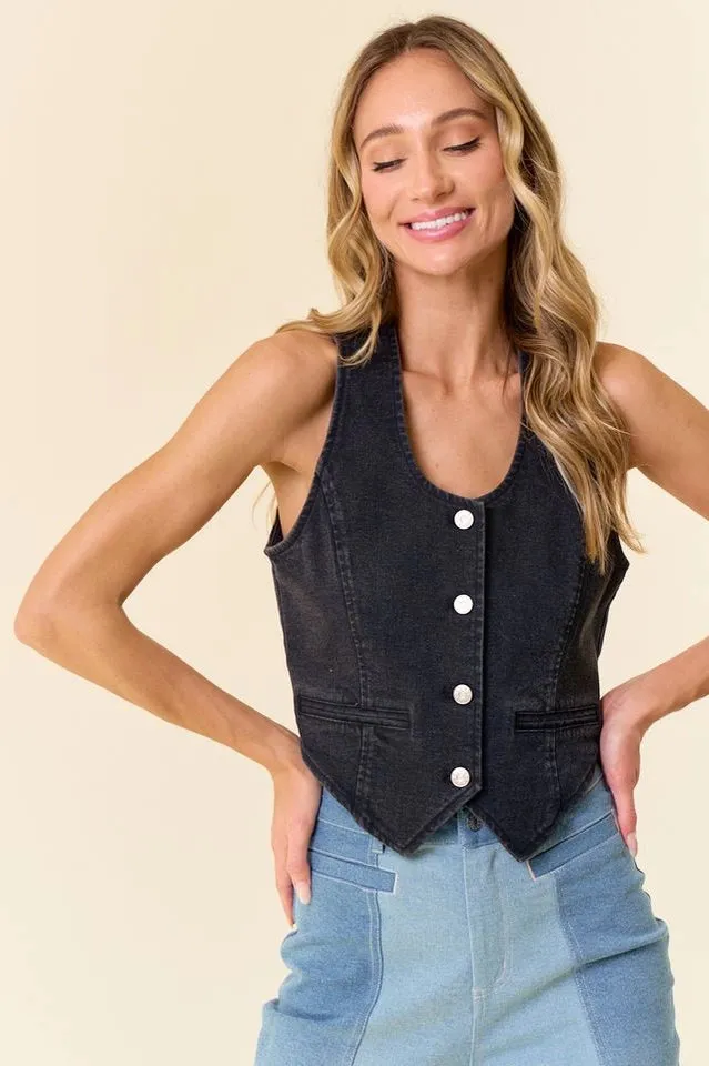 Black Button-Down Light Weight Denim Vest