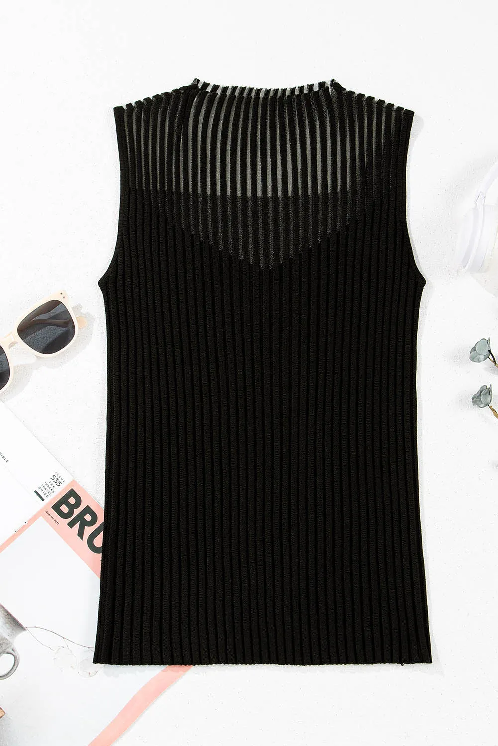 Black Ribbed Texture Mesh Cutout Knitted Sweater Vest