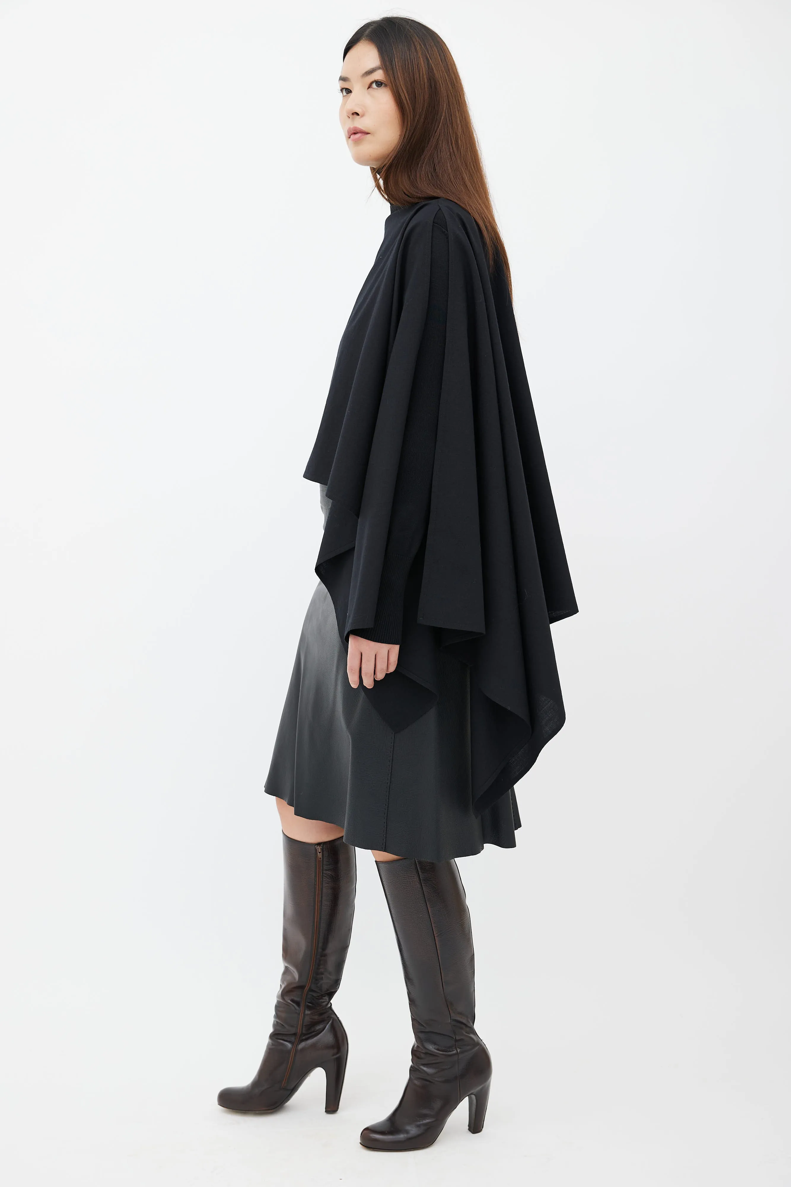 Black Wool Asymmetrical Cape Top