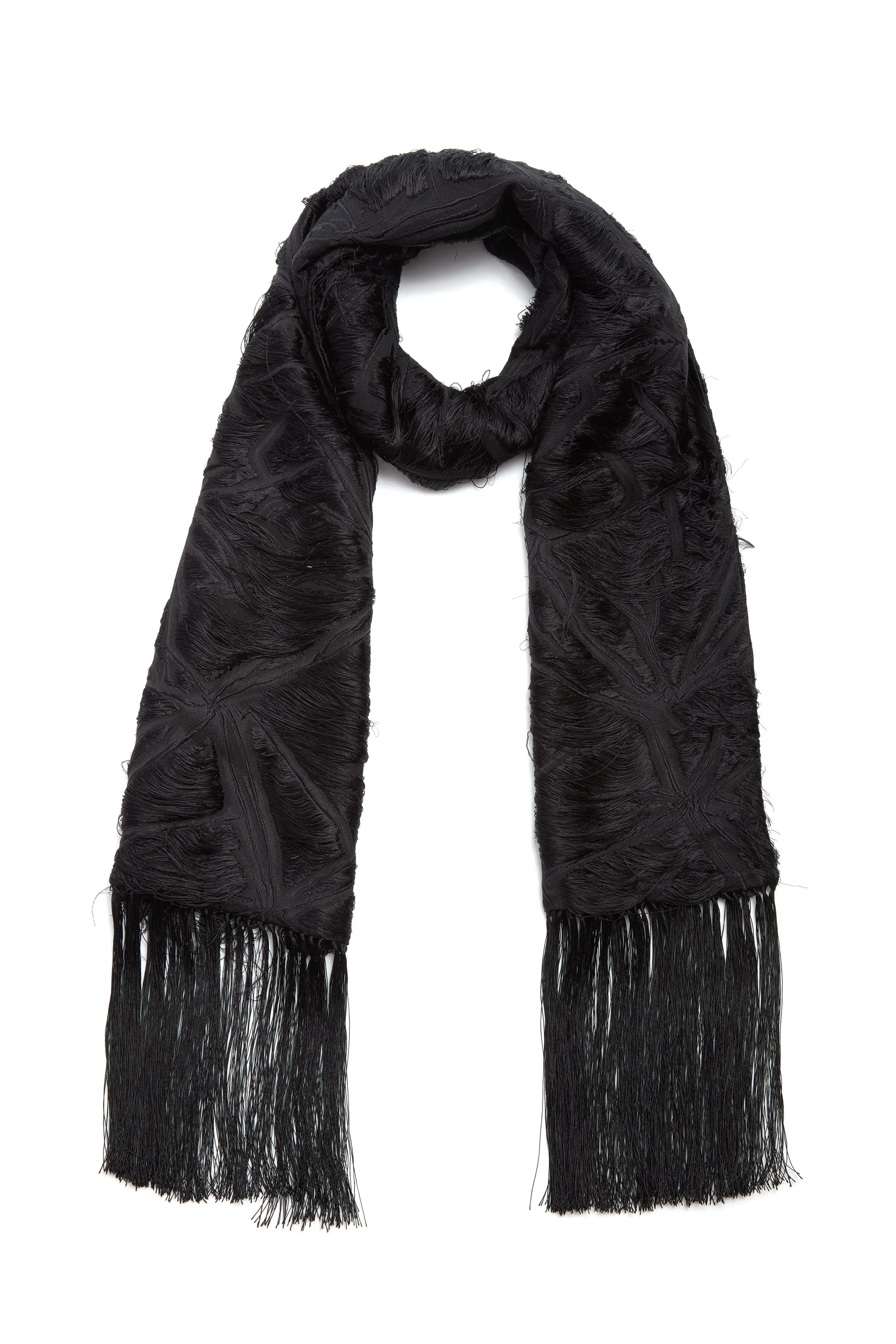 Blaine Fringe Scarf in Black Silk Virgin Wool Jacquard