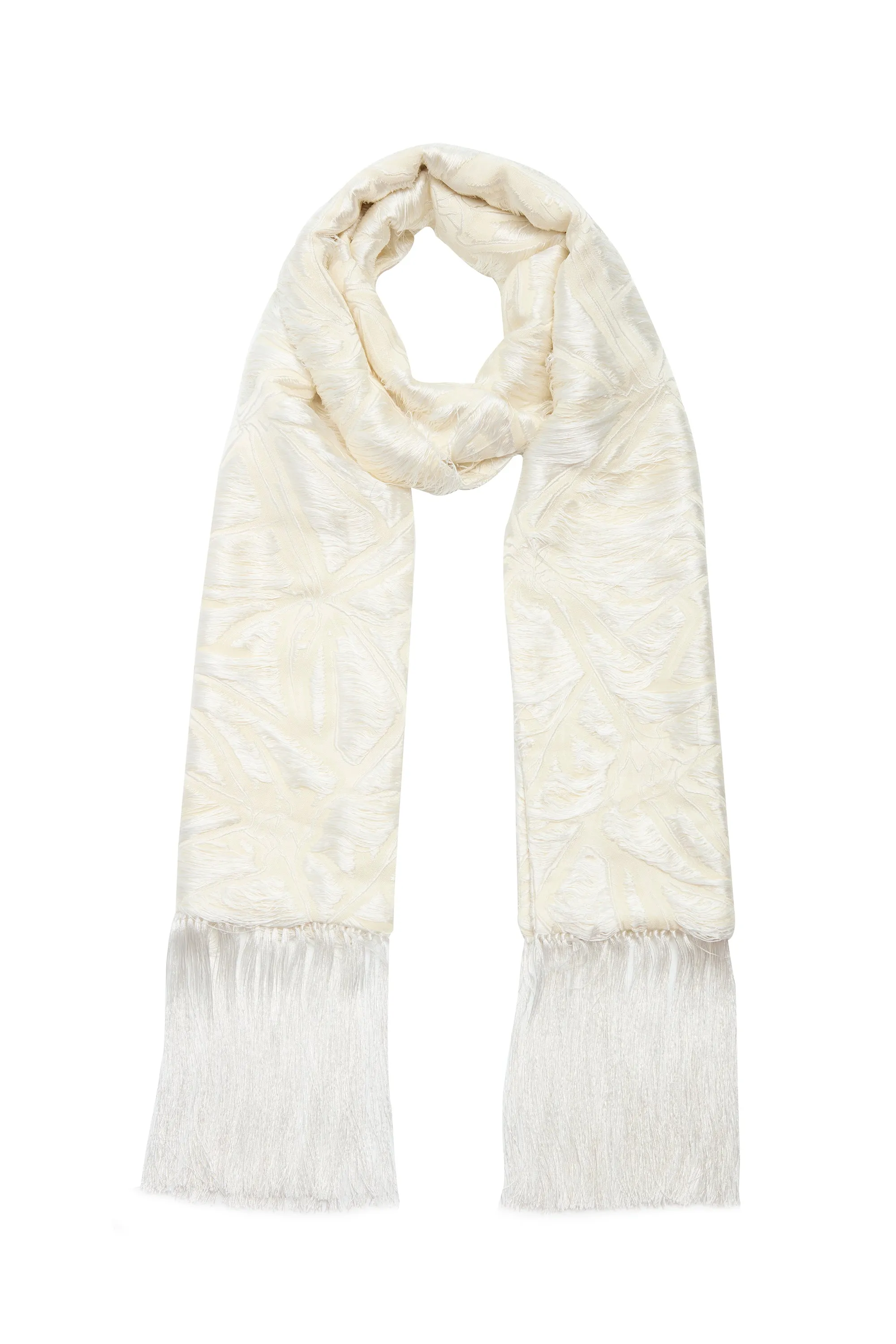 Blaine Fringe Scarf in Ivory Silk Virgin Wool Jacquard