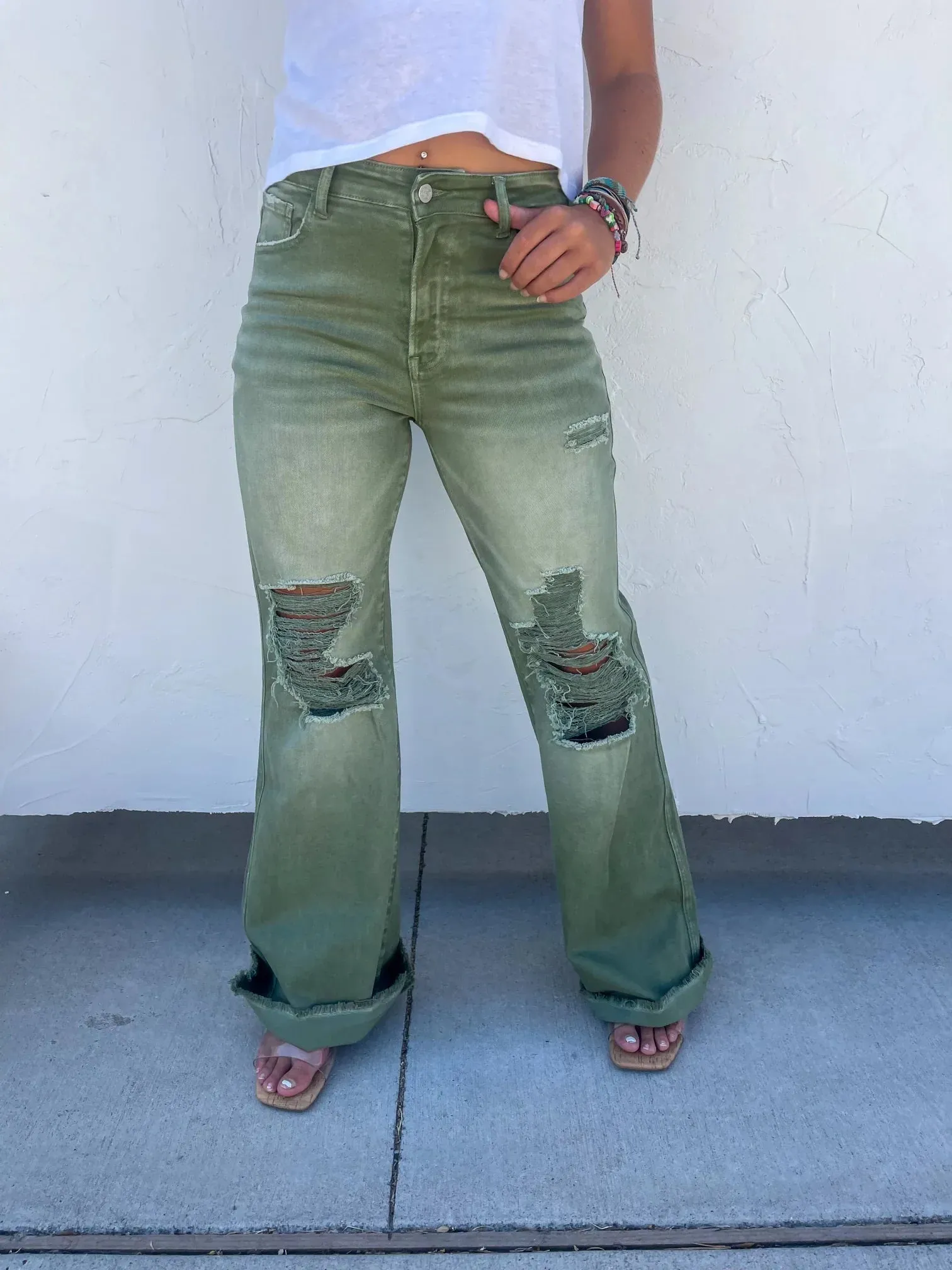 Blakeley Distressed Jeans In Olive and Camel