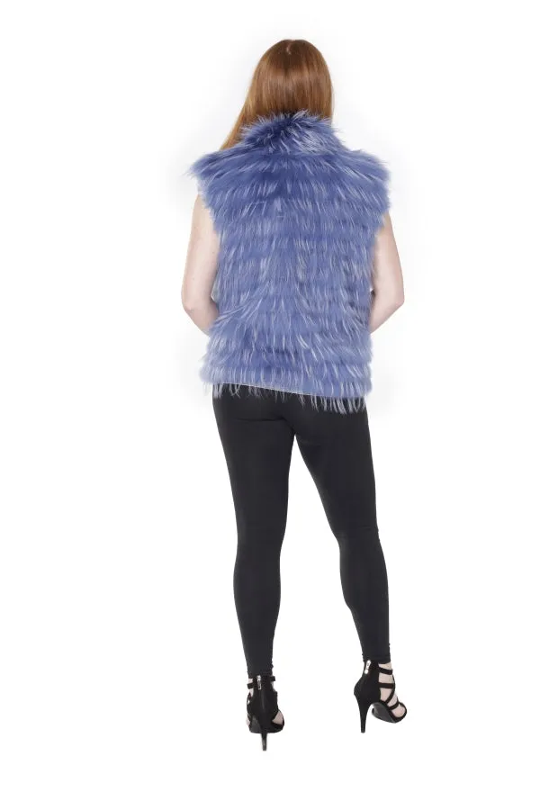 Blue Denim Vest with Blue Dyed feathered Raccoon