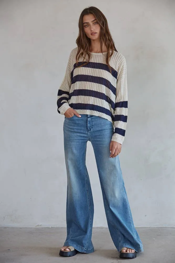 By Together Uptown Striped Pullover Long Sleeve Top in Natural Navy