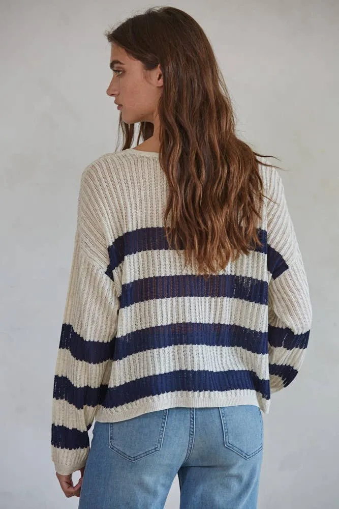 By Together Uptown Striped Pullover Long Sleeve Top in Natural Navy