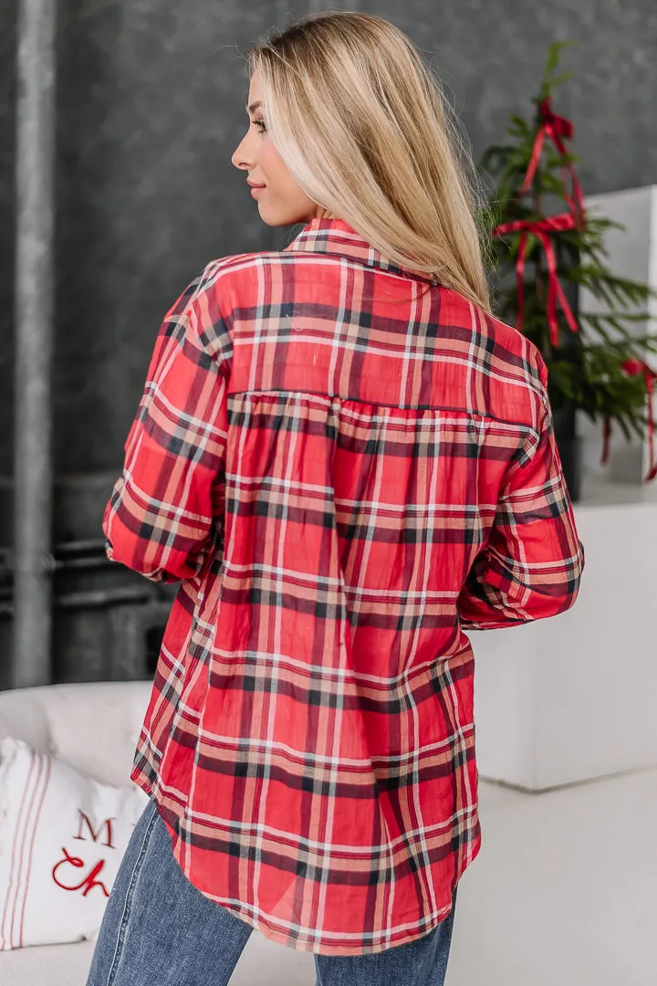 Checking In Button Up Plaid Top | {Red}