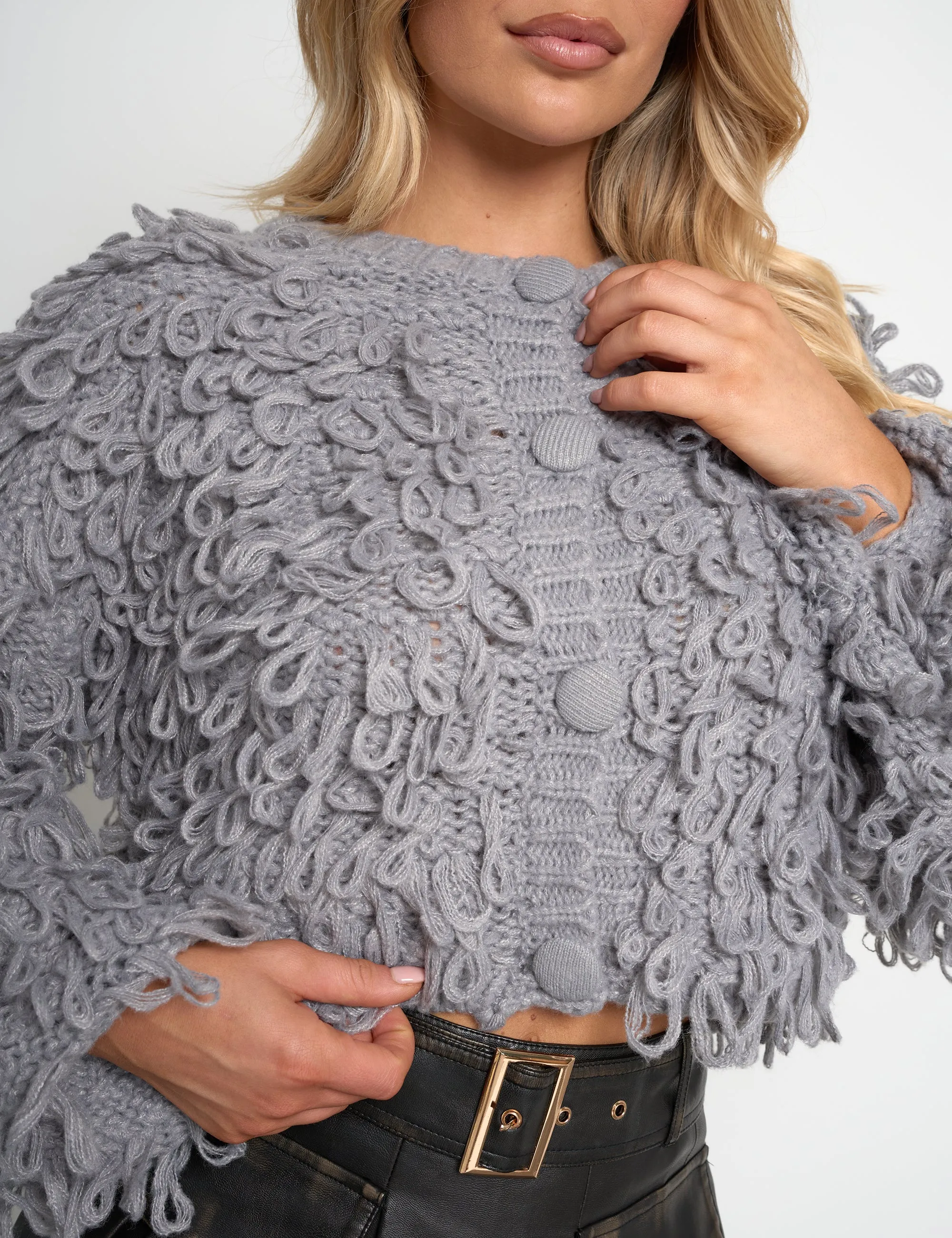 Chunky Loop Stitch Knitted Cardigan Grey