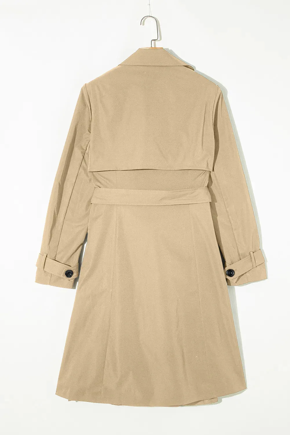 Collared Neck Tie Waist Buttoned Long Sleeve Trench Coat