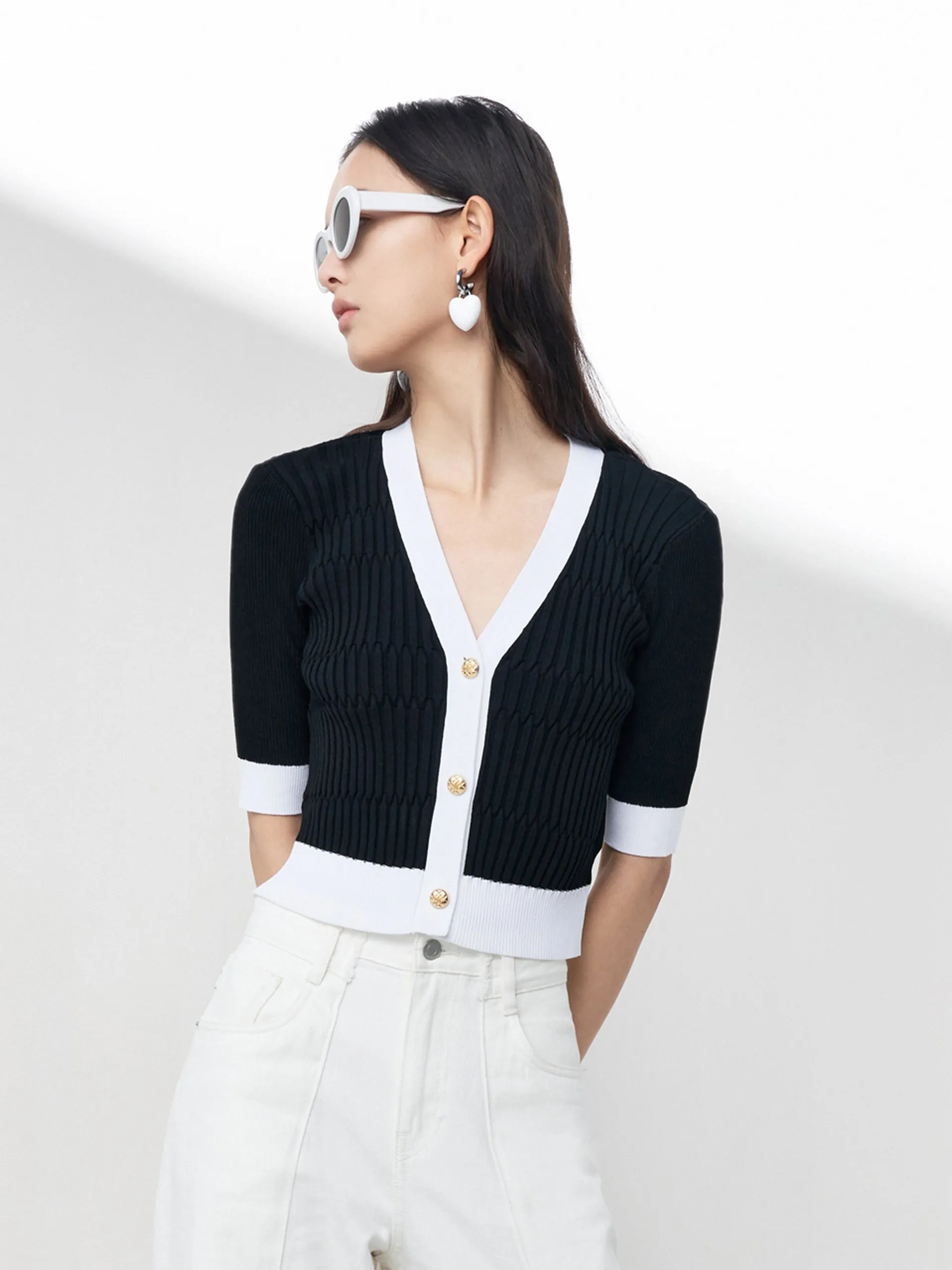 Contrast Metal Button Knit Cardigan