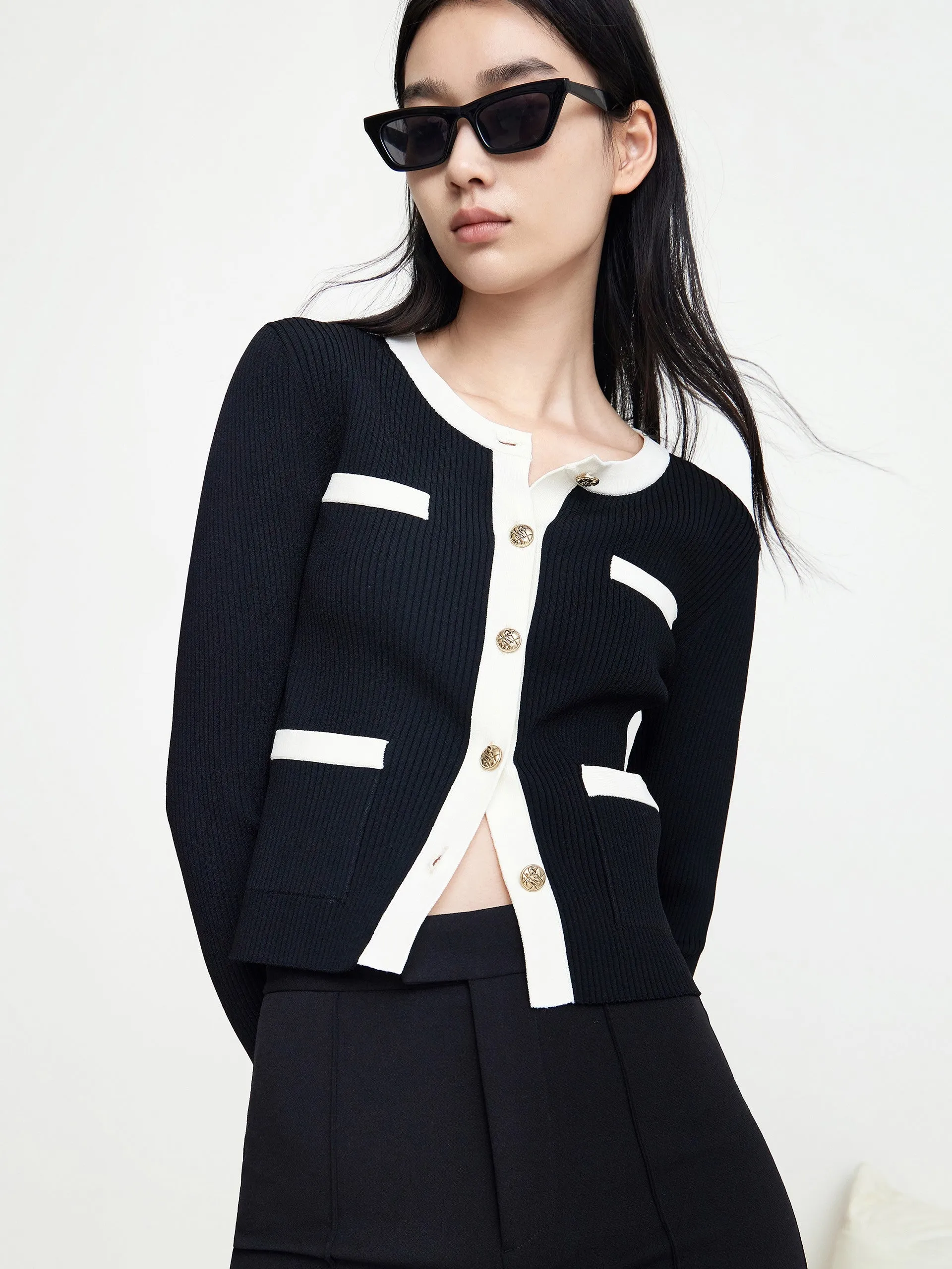 Contrast Stretch Knit Cardigan