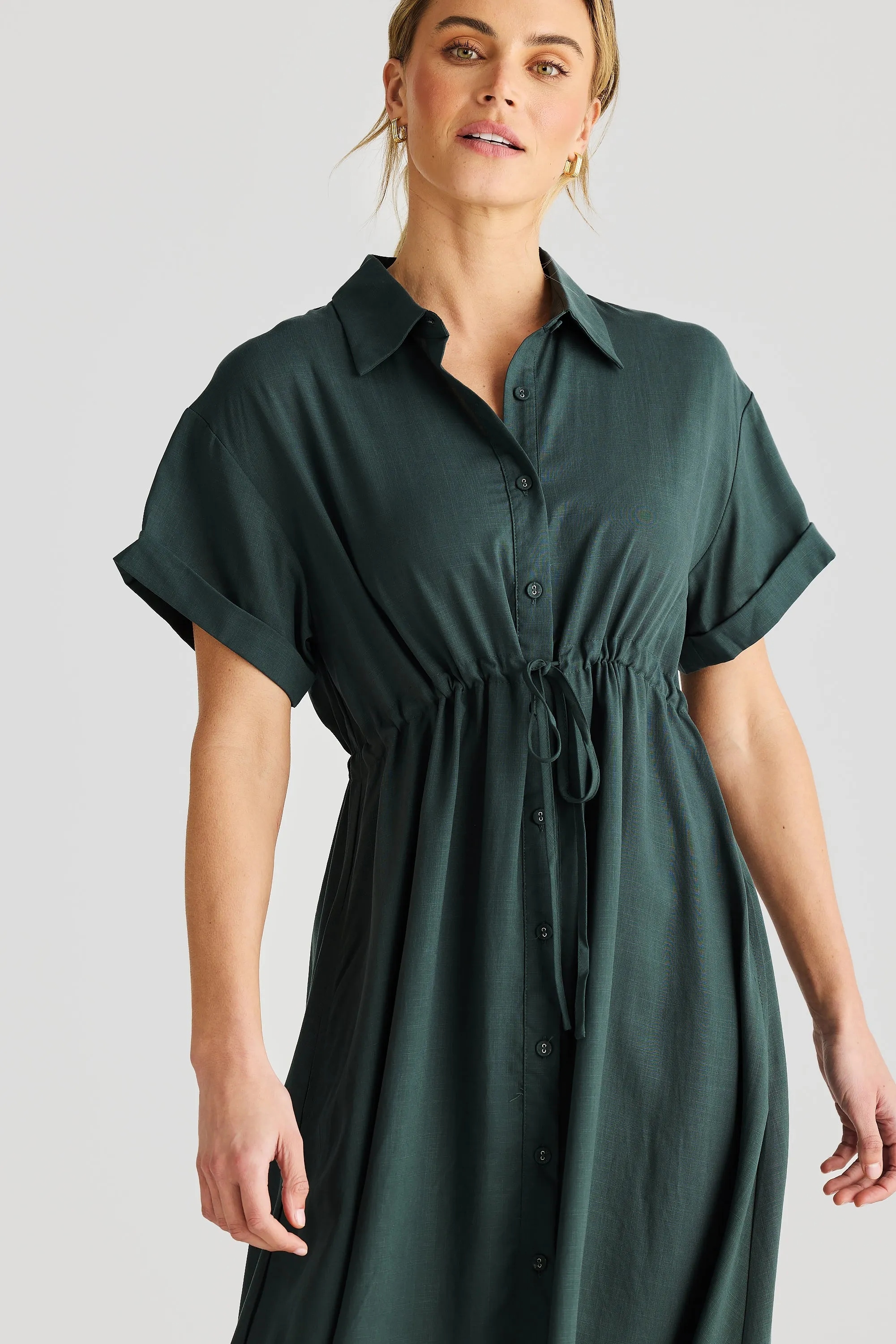 Core Drawstring Shirt Dress - Pine Green