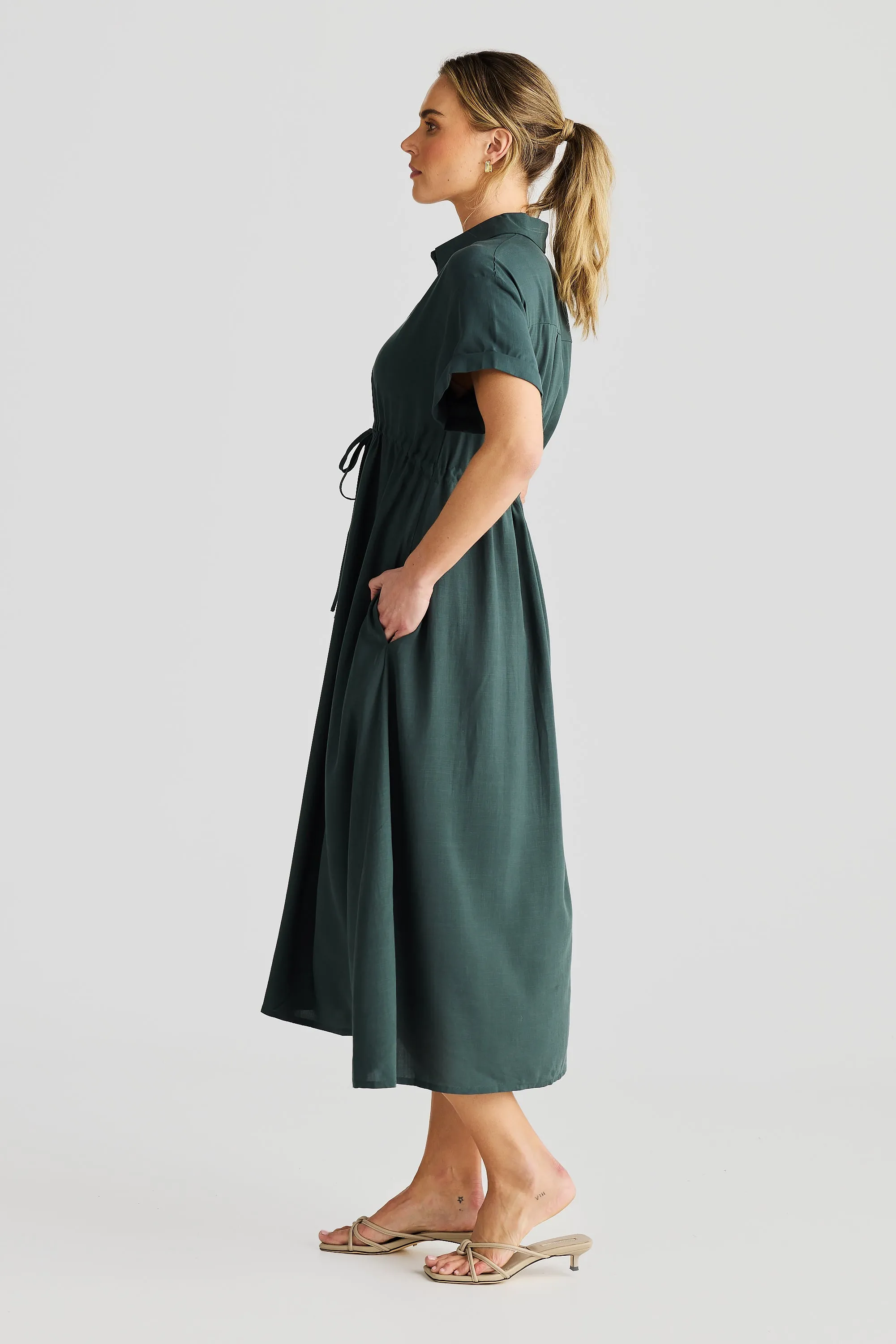 Core Drawstring Shirt Dress - Pine Green