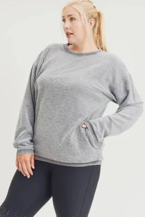 CURVY Fuzzy Mineral-Washed Pullover with Pockets