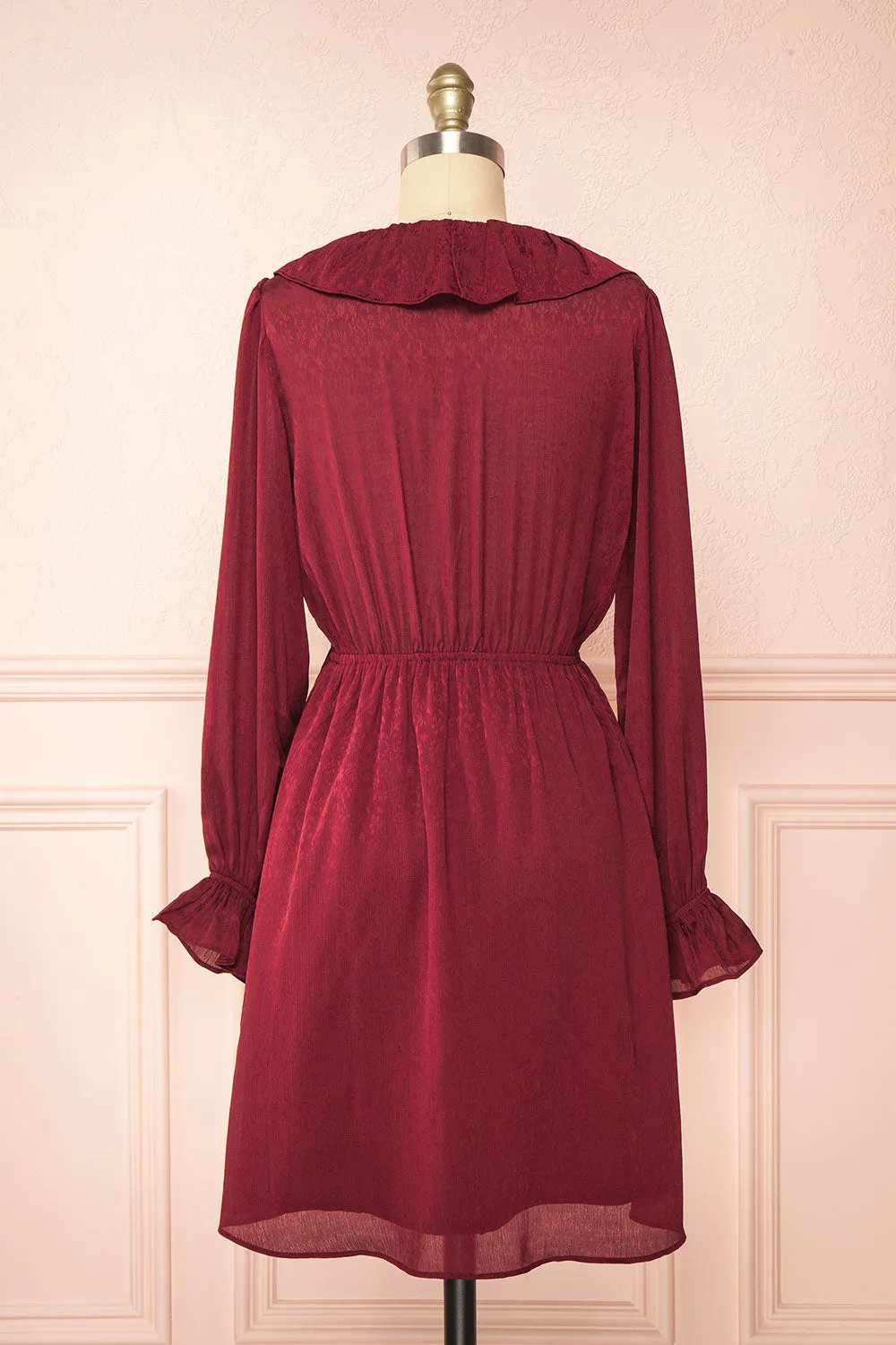 Dana Burgundy | Short Dress w/ Ruffled Neckline