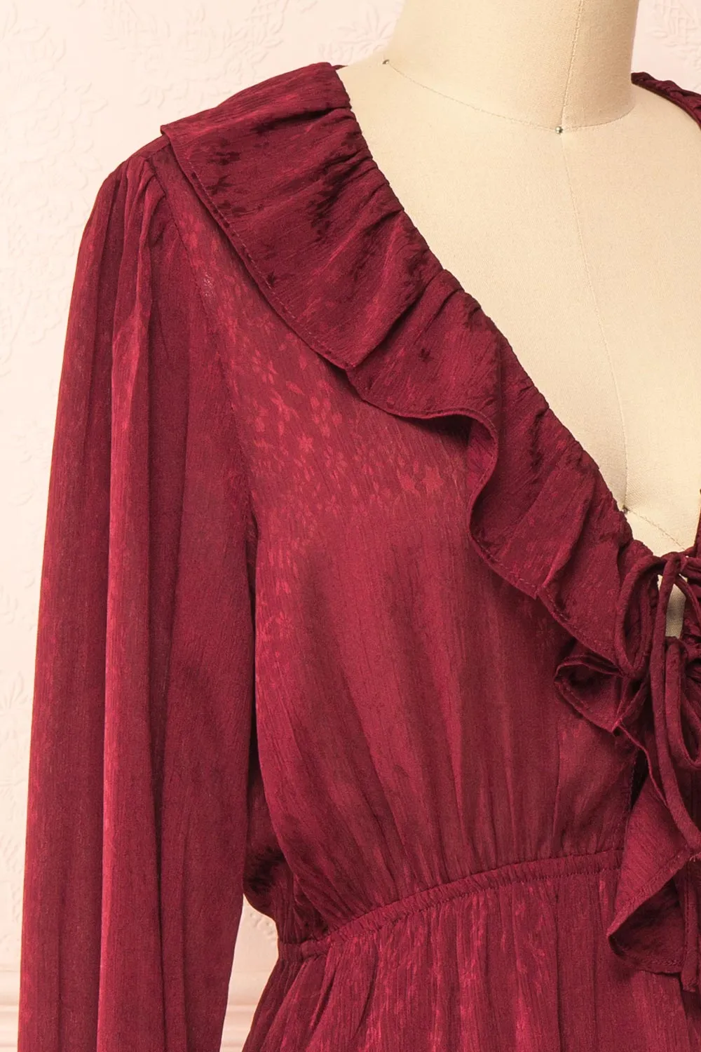 Dana Burgundy | Short Dress w/ Ruffled Neckline