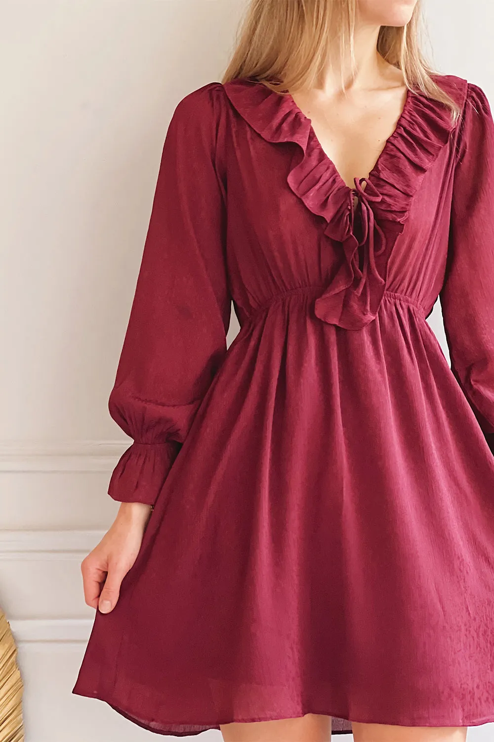 Dana Burgundy | Short Dress w/ Ruffled Neckline