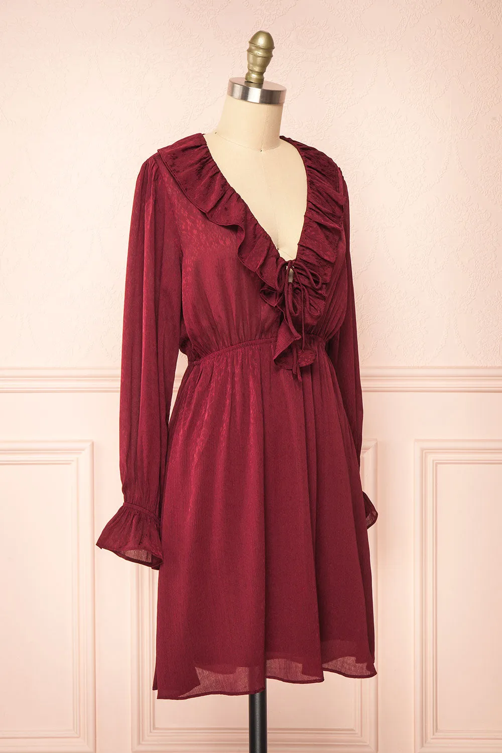 Dana Burgundy | Short Dress w/ Ruffled Neckline