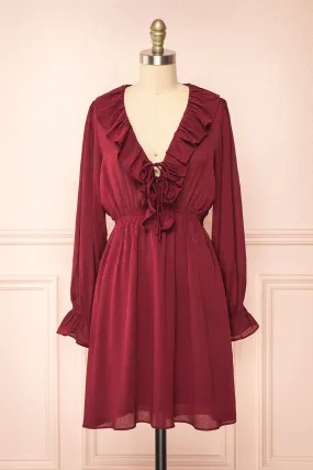 Dana Burgundy | Short Dress w/ Ruffled Neckline