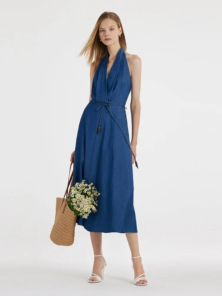 Denim Halter Women Midi Dress With Rope Belt