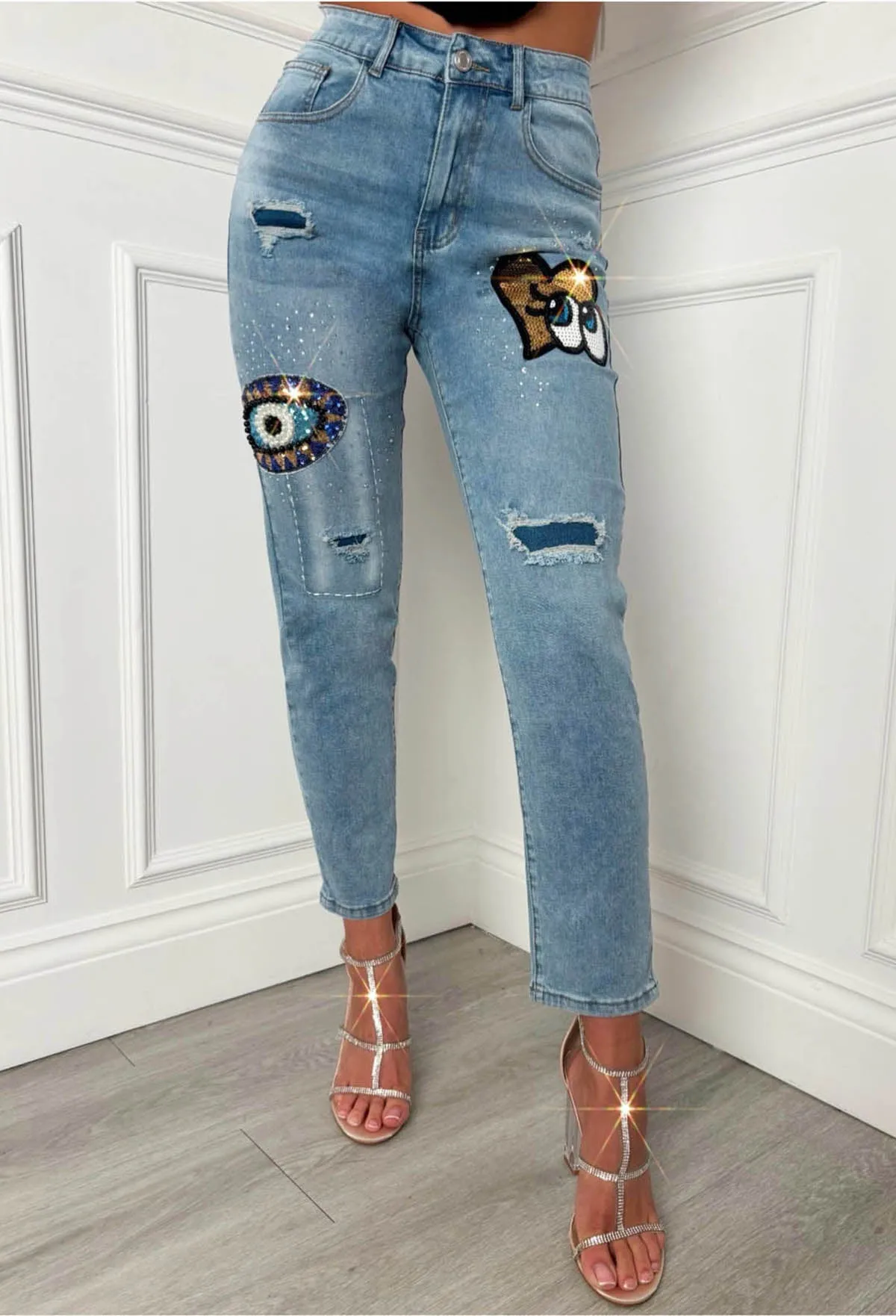 Denim Heart Mid Blue Heart Sequin Graffiti Jeans