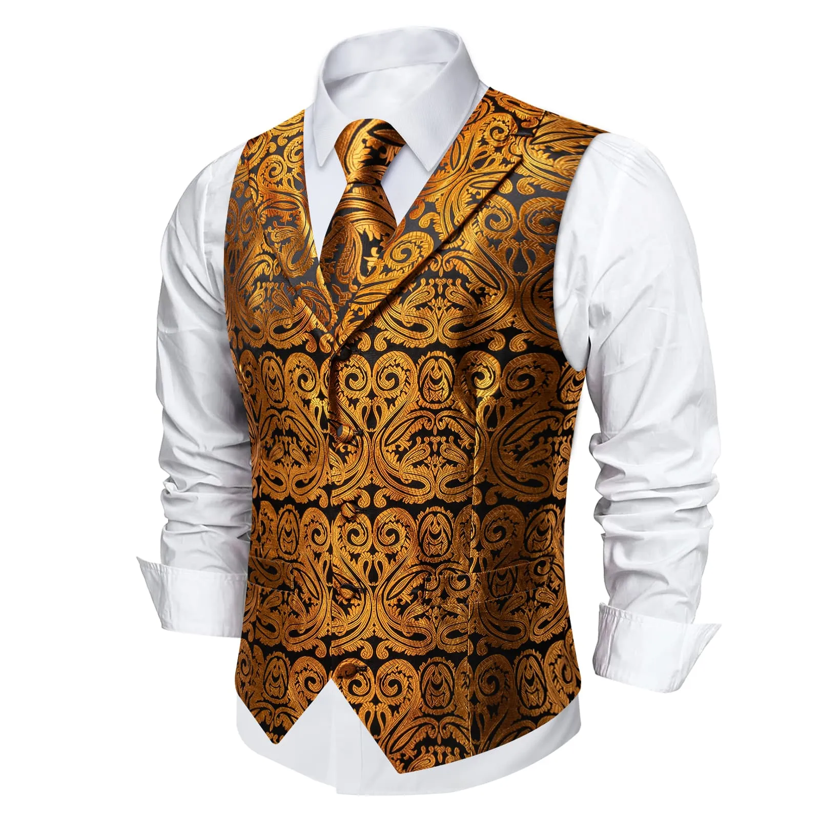 DiBanGu Black Gold Paisley Notched Collar Silk Mens Dress Vest Tie Set