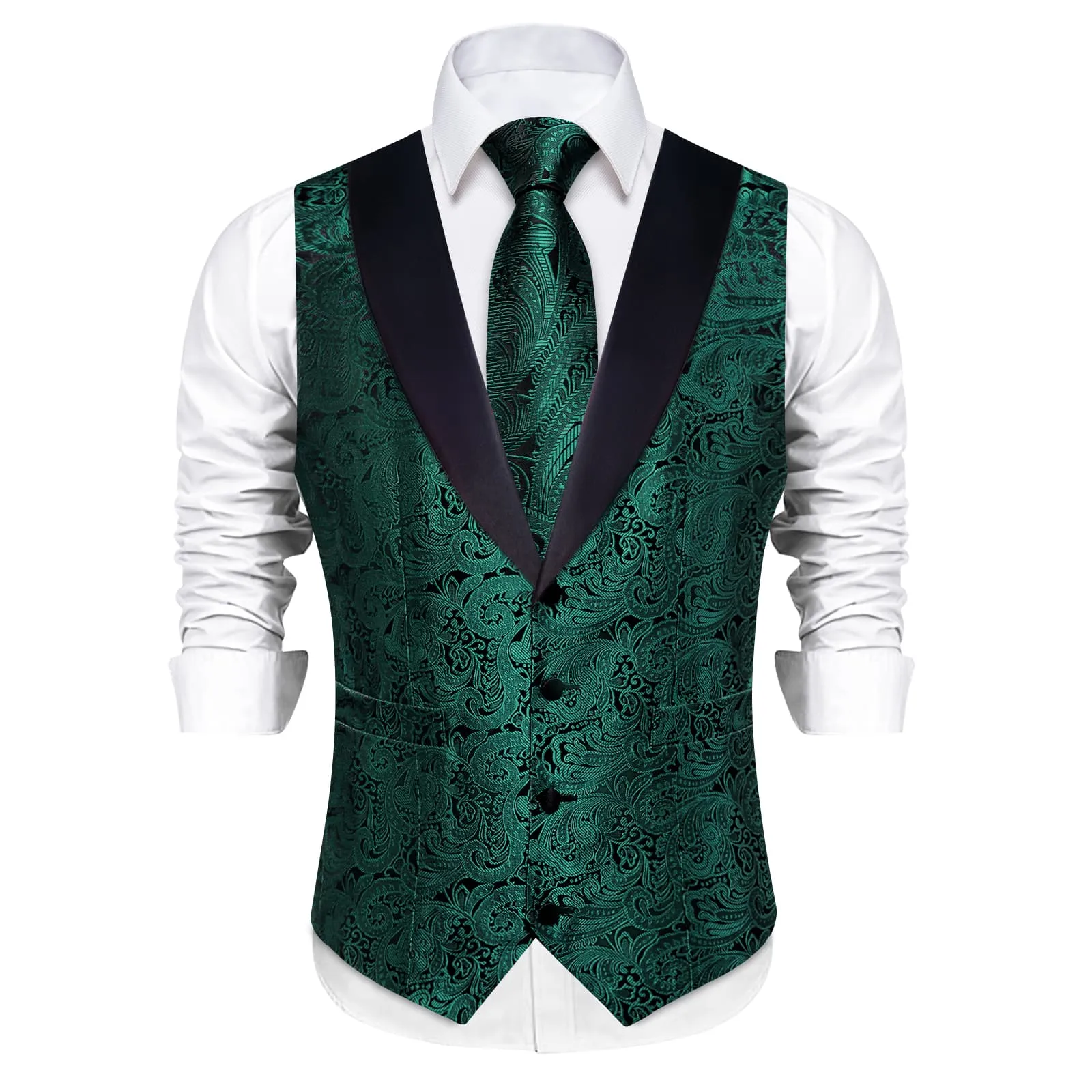 DiBanGu Deep Green Floral Silk Shawl Collar Mens Dress Vest Tie Set