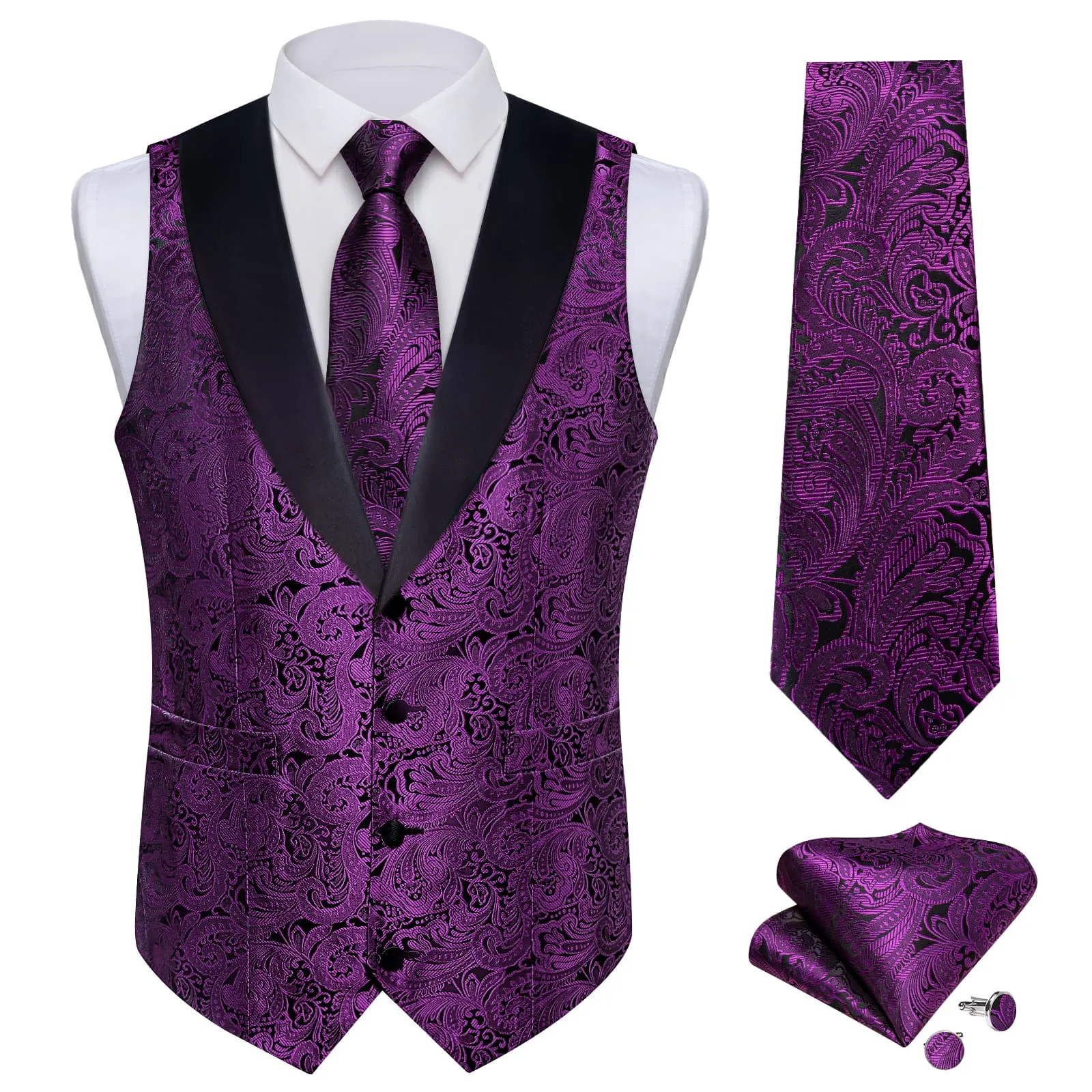 DiBanGu Deep Purple Floral Silk Shawl Collar Mens Dress Vest Tie Set