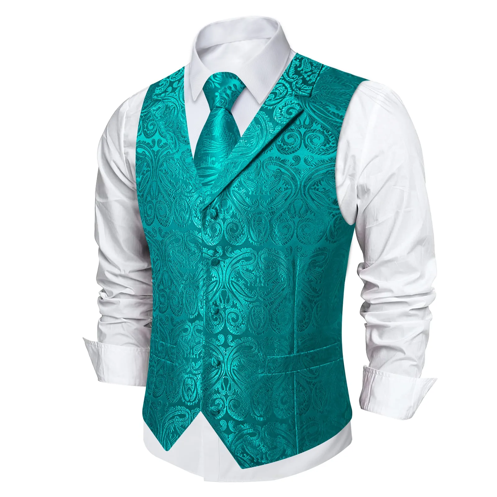 DiBanGu Light Sea Green Paisley Notched Collar Silk Mens Vest Tie Set