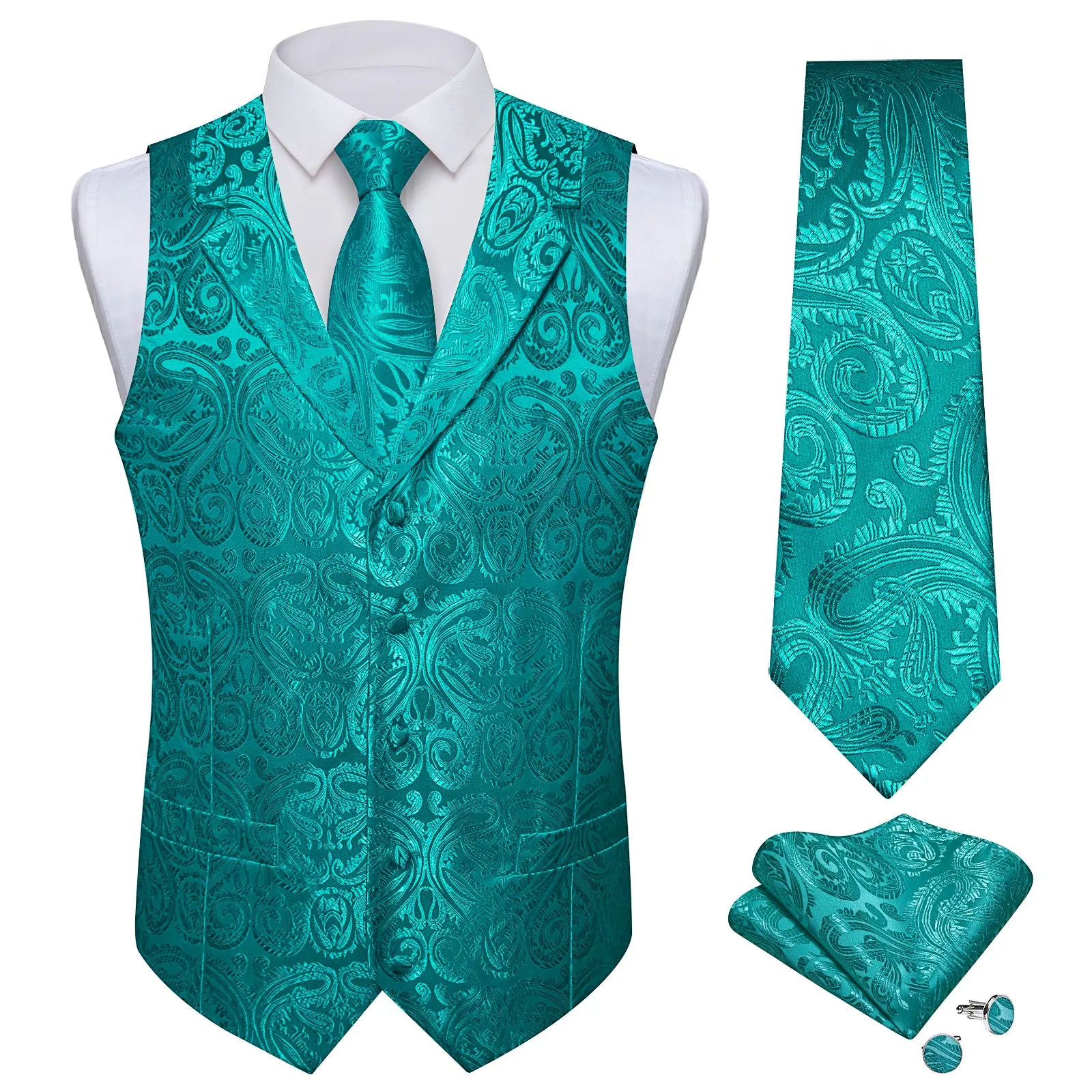 DiBanGu Light Sea Green Paisley Notched Collar Silk Mens Vest Tie Set