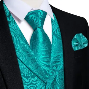 DiBanGu Light Sea Green Paisley Notched Collar Silk Mens Vest Tie Set