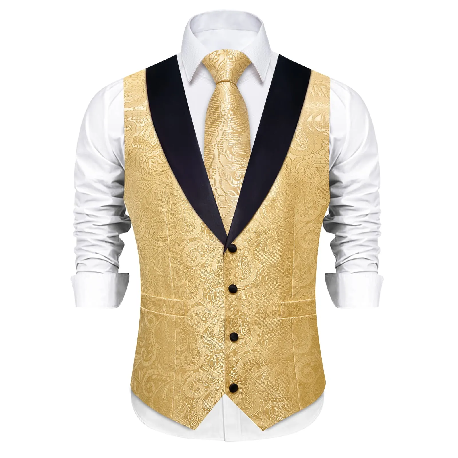 DiBanGu Light Tan Floral Silk Shawl Collar Mens Dress Vest Tie Set