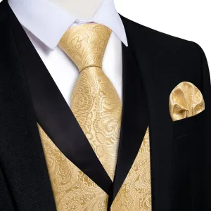 DiBanGu Light Tan Floral Silk Shawl Collar Mens Dress Vest Tie Set