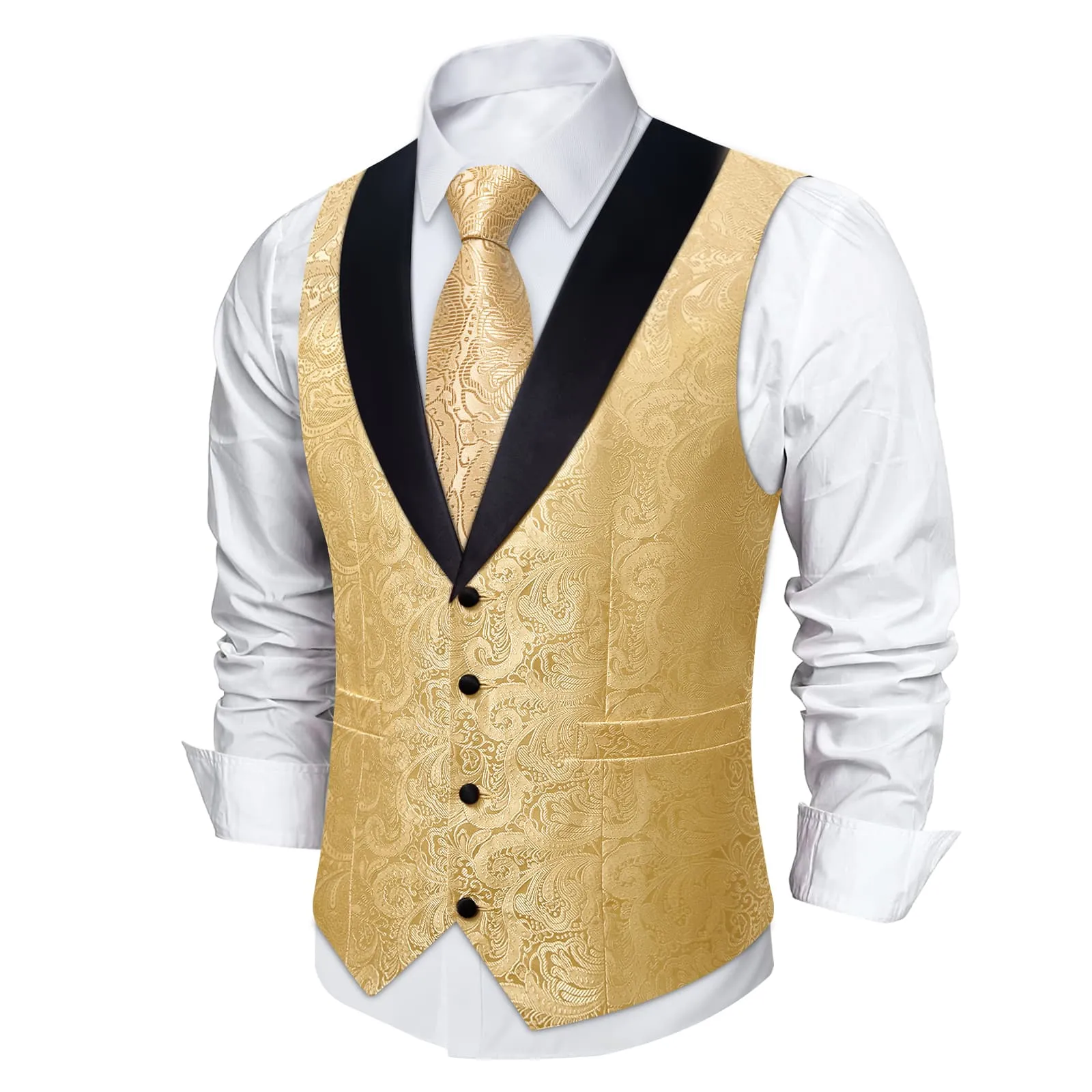 DiBanGu Light Tan Floral Silk Shawl Collar Mens Dress Vest Tie Set