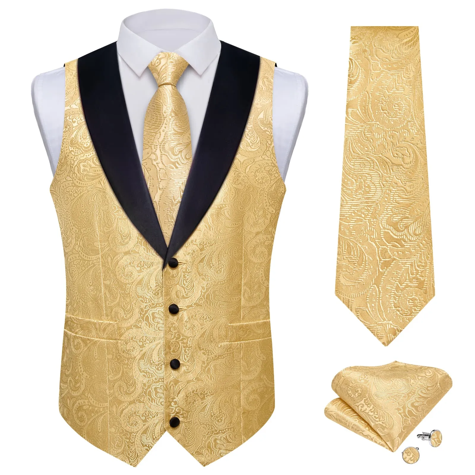 DiBanGu Light Tan Floral Silk Shawl Collar Mens Dress Vest Tie Set