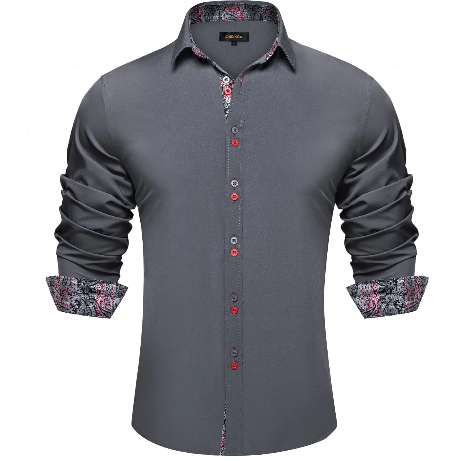 DiBanGu Mens Dress Shirt Solid Slate Gray Splicing Silk Long Sleeve Shirt