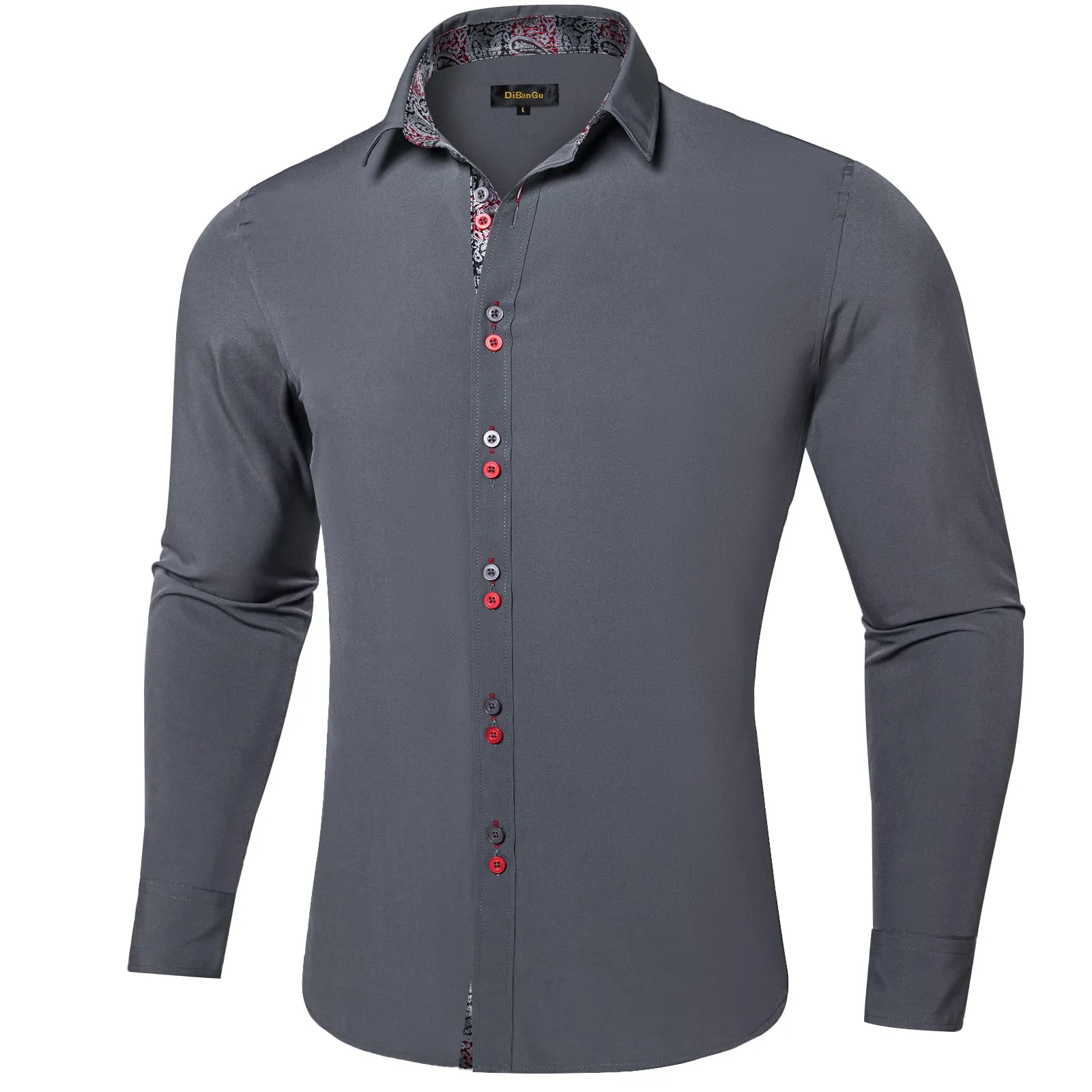 DiBanGu Mens Dress Shirt Solid Slate Gray Splicing Silk Long Sleeve Shirt