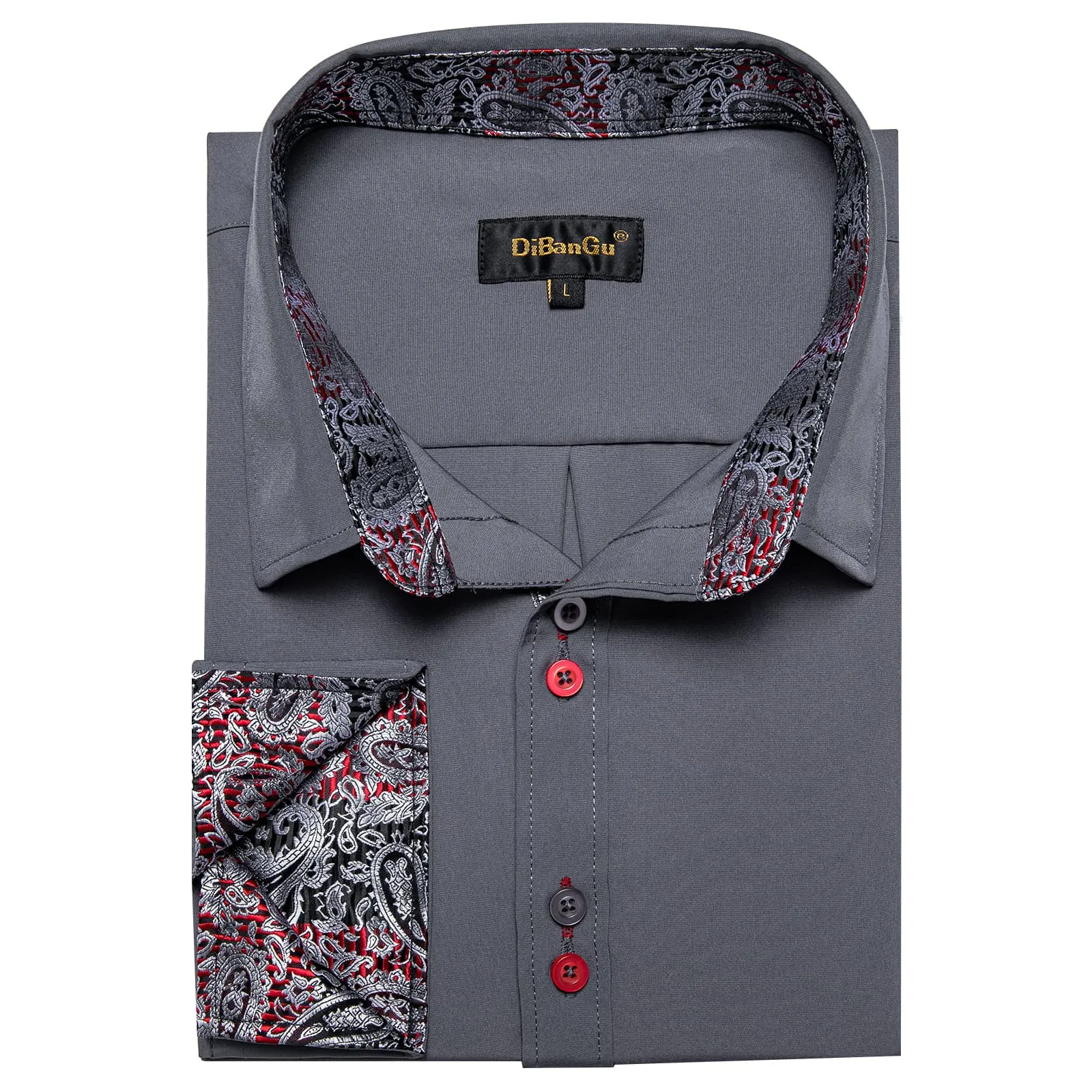 DiBanGu Mens Dress Shirt Solid Slate Gray Splicing Silk Long Sleeve Shirt