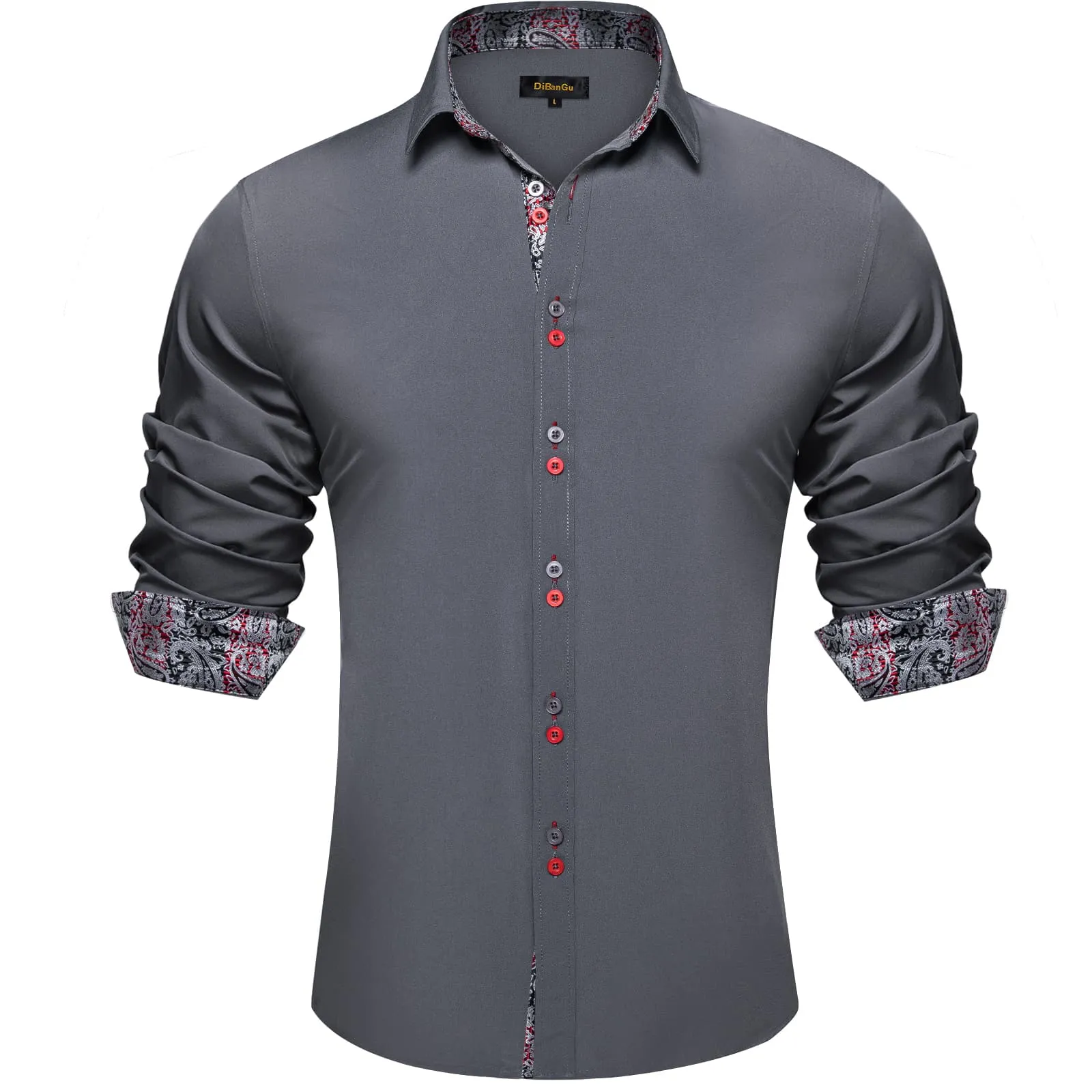 DiBanGu Mens Dress Shirt Solid Slate Gray Splicing Silk Long Sleeve Shirt