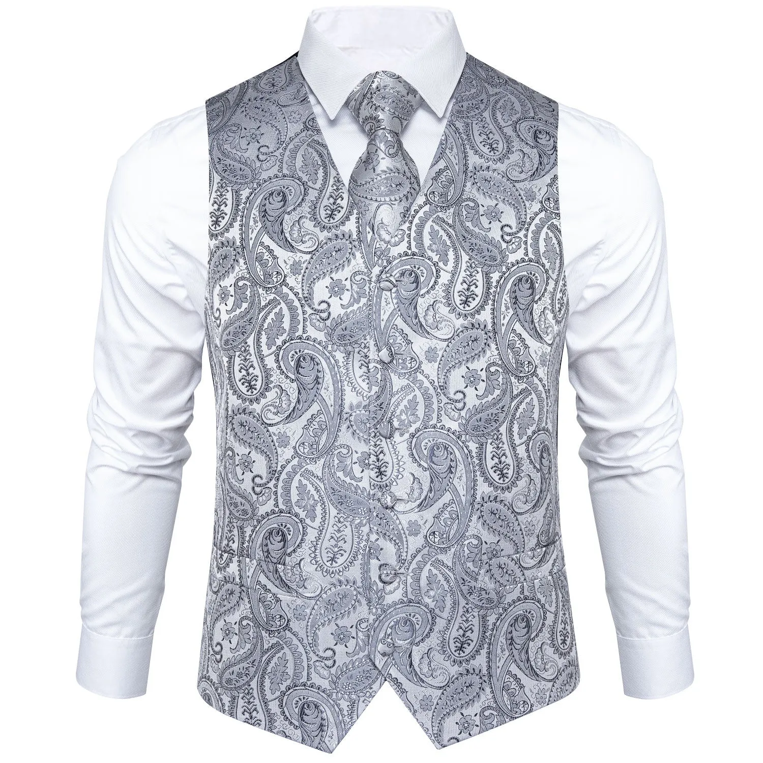 DiBanGu Mens Suit Vest Grey Paisley Jacquard Silk Waistcoat Vest Tie Handkerchief Cufflinks Set