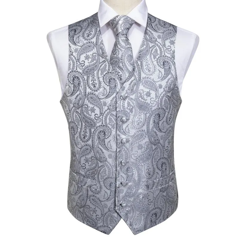 DiBanGu Mens Suit Vest Grey Paisley Jacquard Silk Waistcoat Vest Tie Handkerchief Cufflinks Set