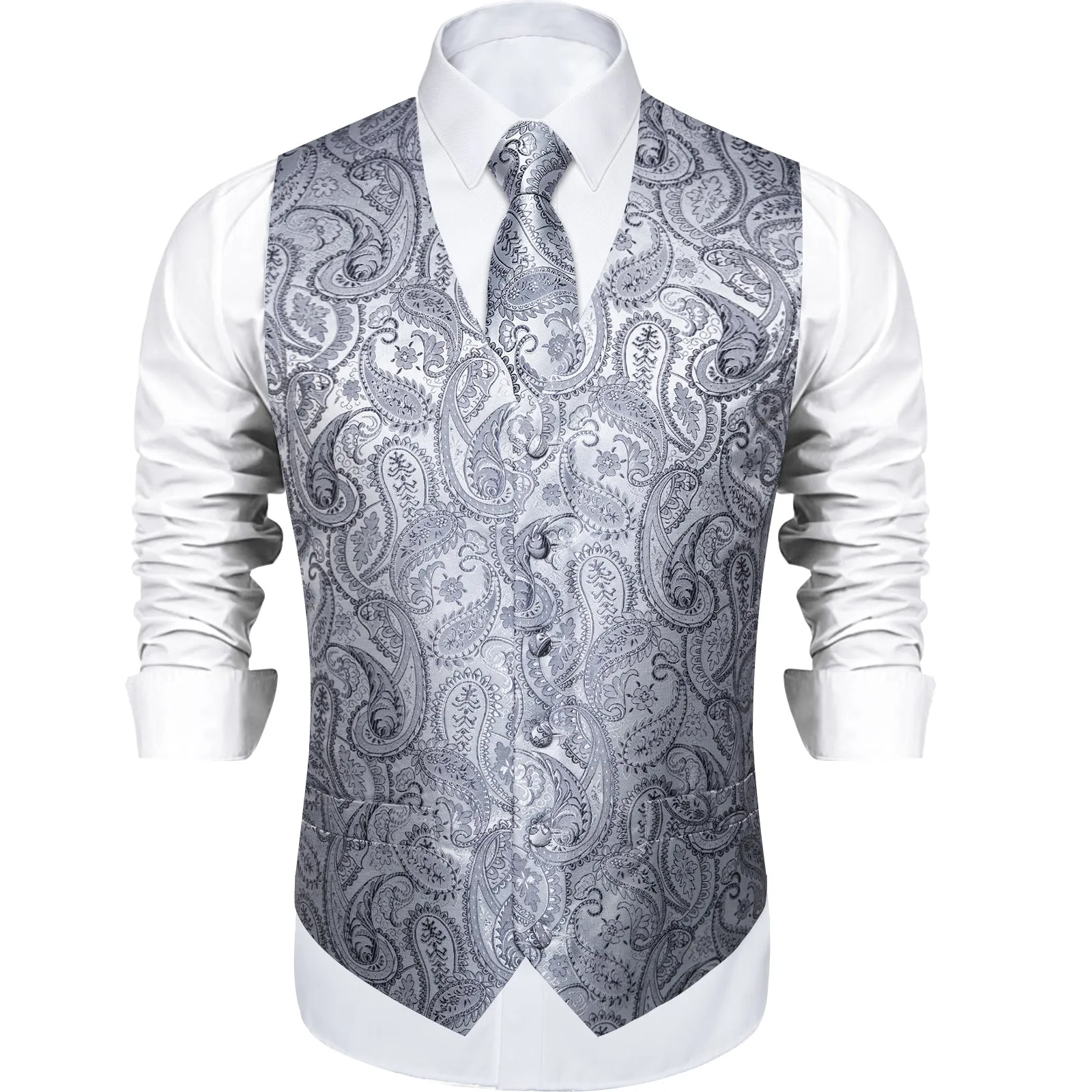 DiBanGu Mens Suit Vest Grey Paisley Jacquard Silk Waistcoat Vest Tie Handkerchief Cufflinks Set